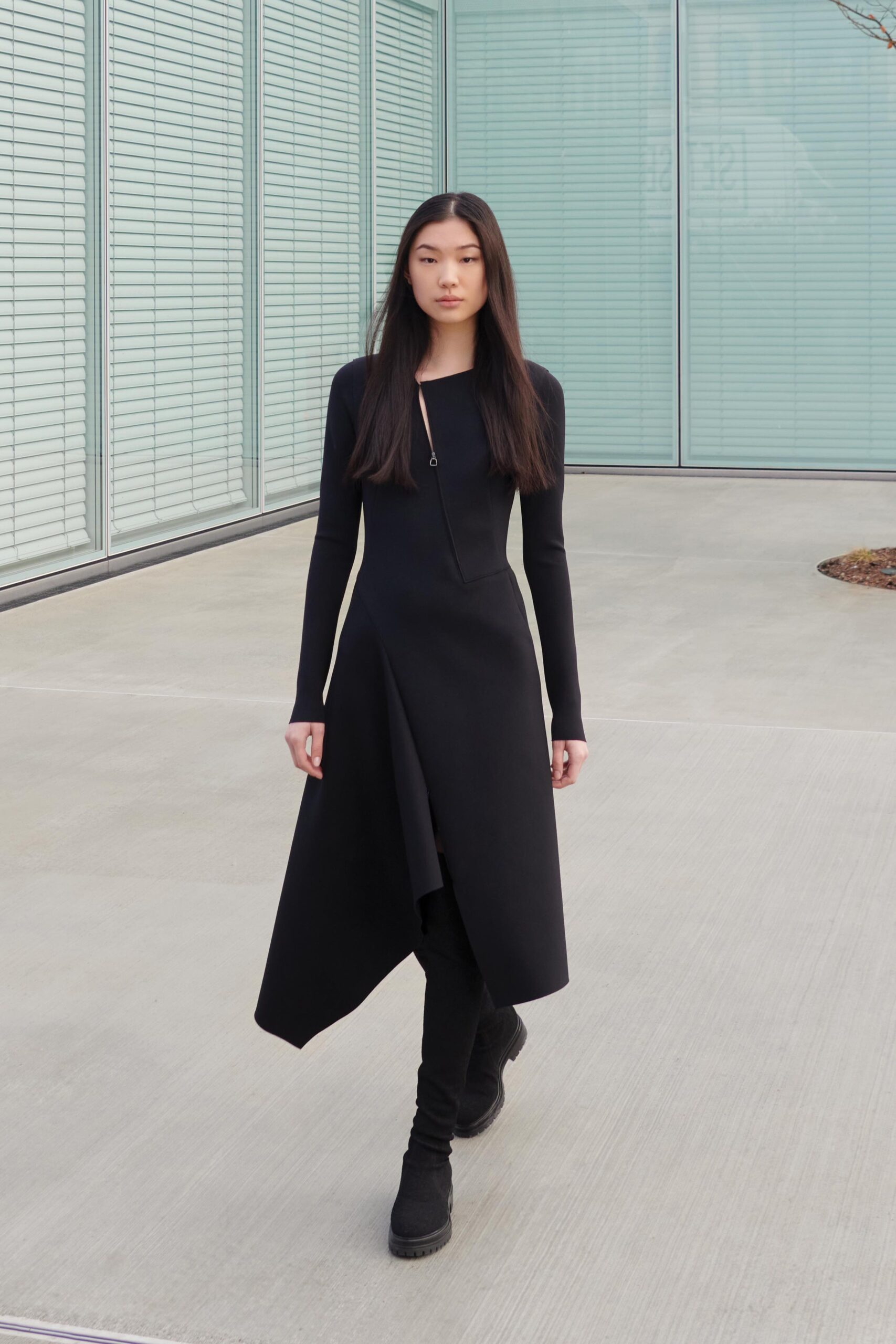 black fitted long-sleeve dress