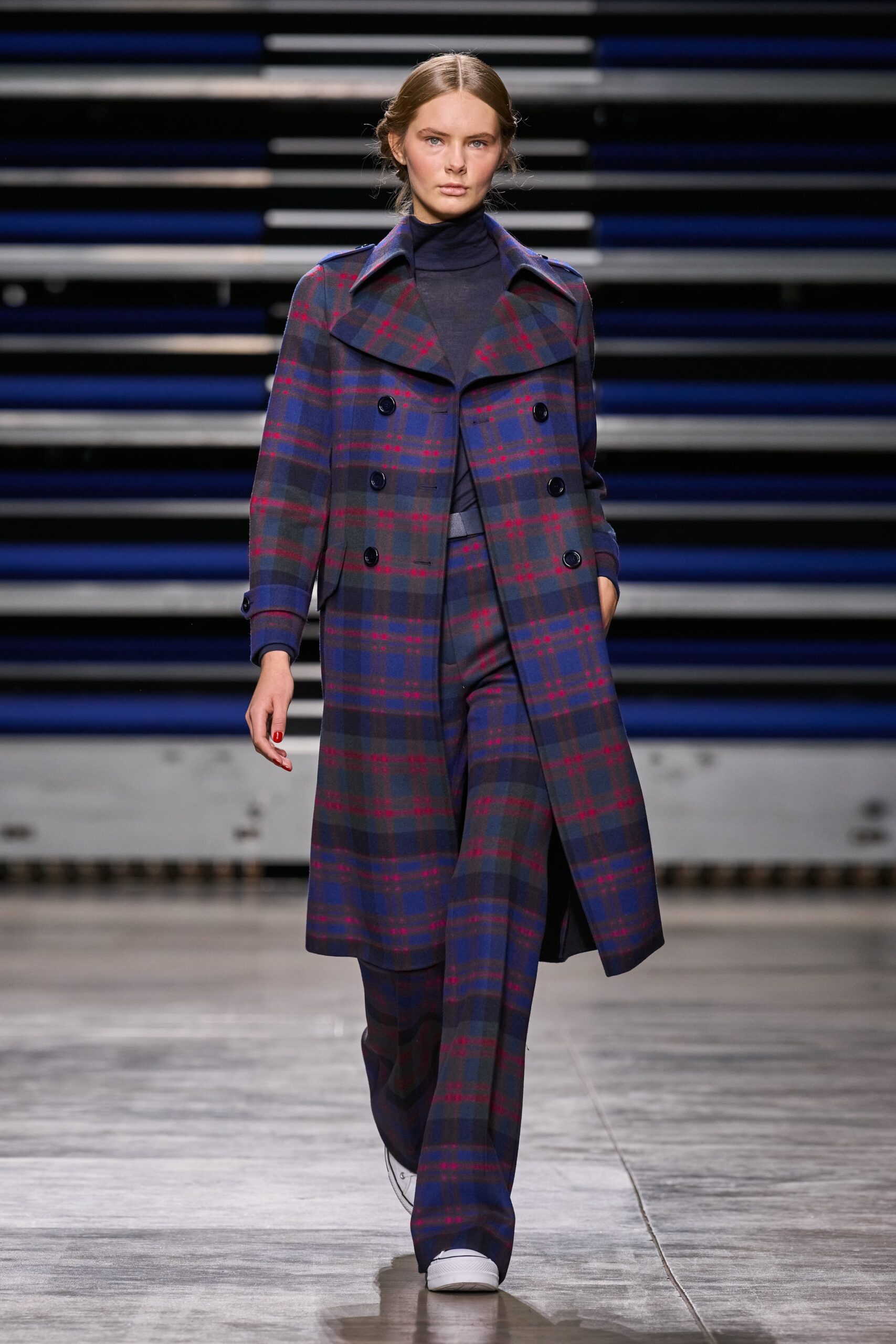 plaid wool coat with tailored pants