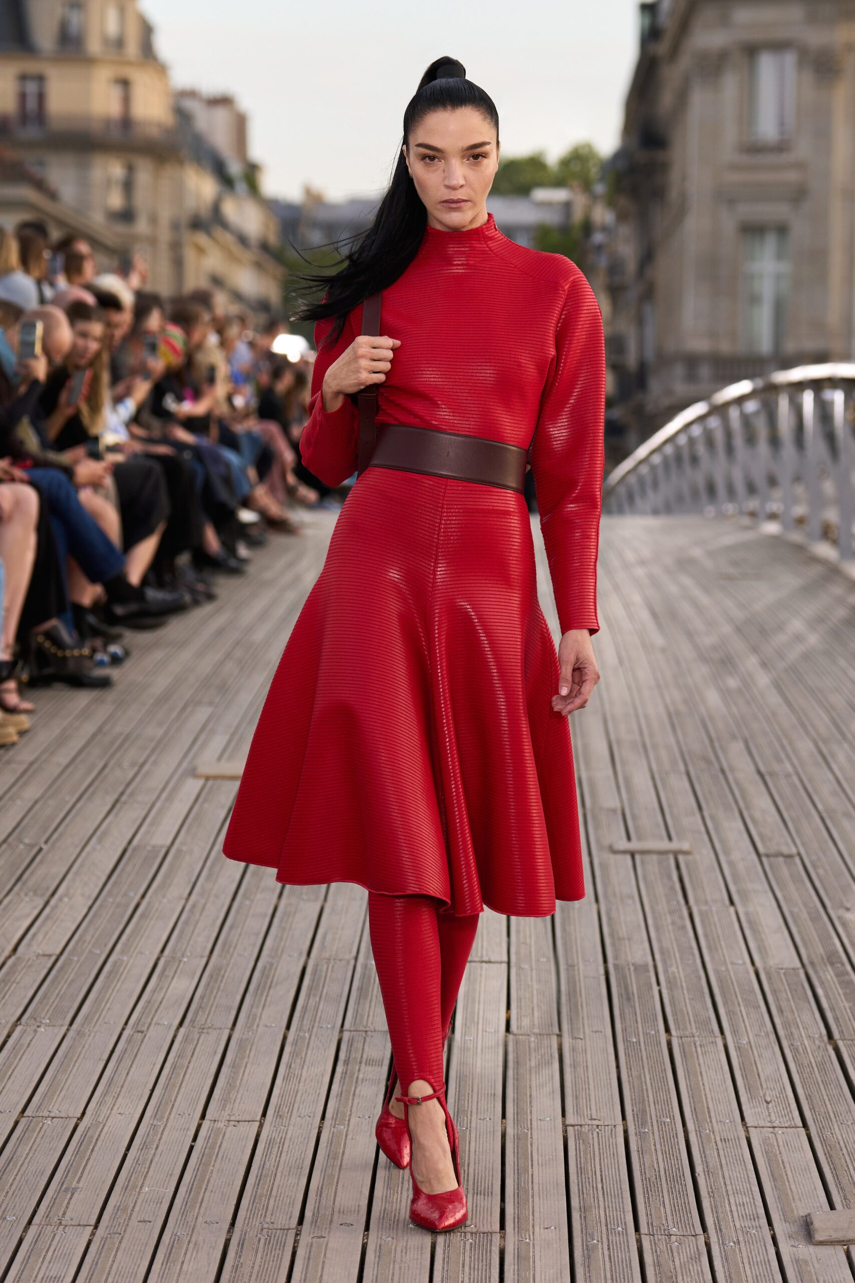 red leather long-sleeve high-neck fitted a-line midi dress