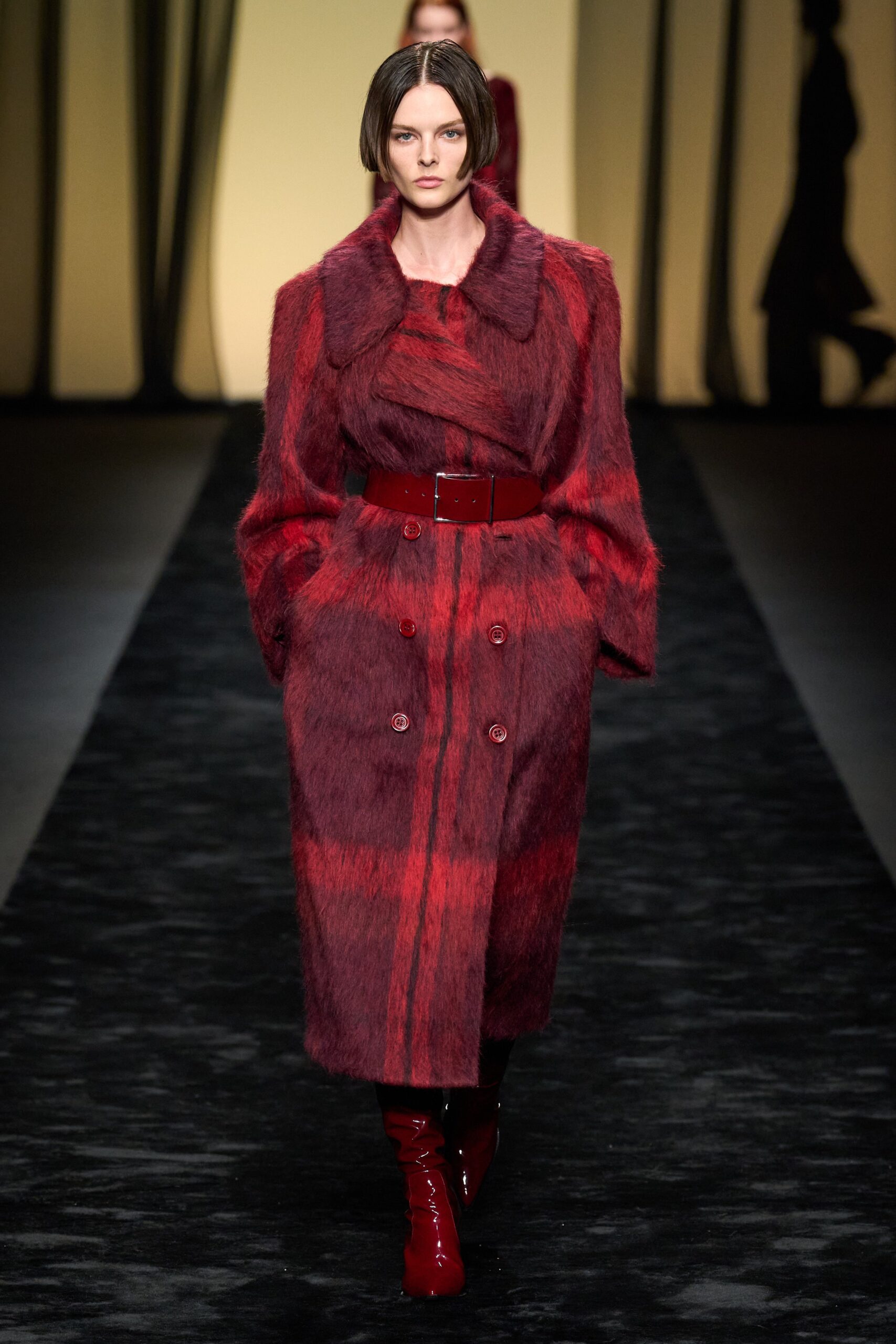 red fur long-sleeve collared relaxed striped belted coat