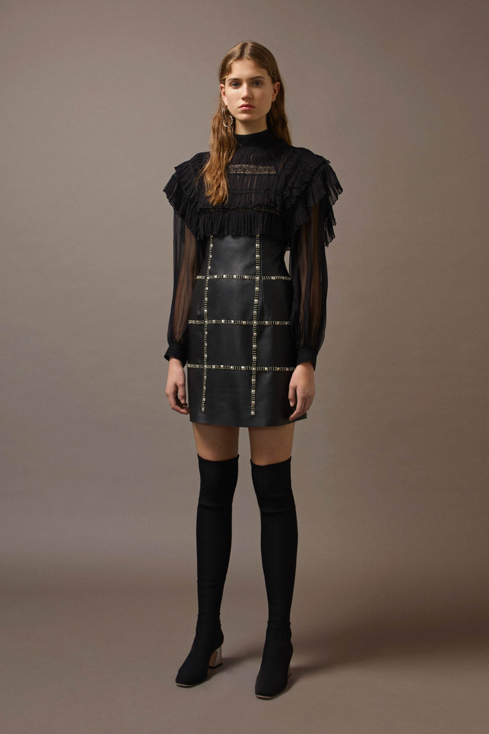 black fitted mini dress with pleats