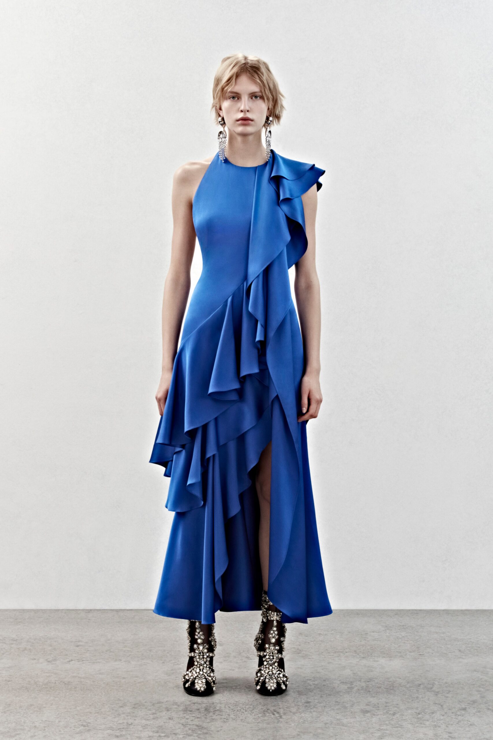blue silk draped midi dress