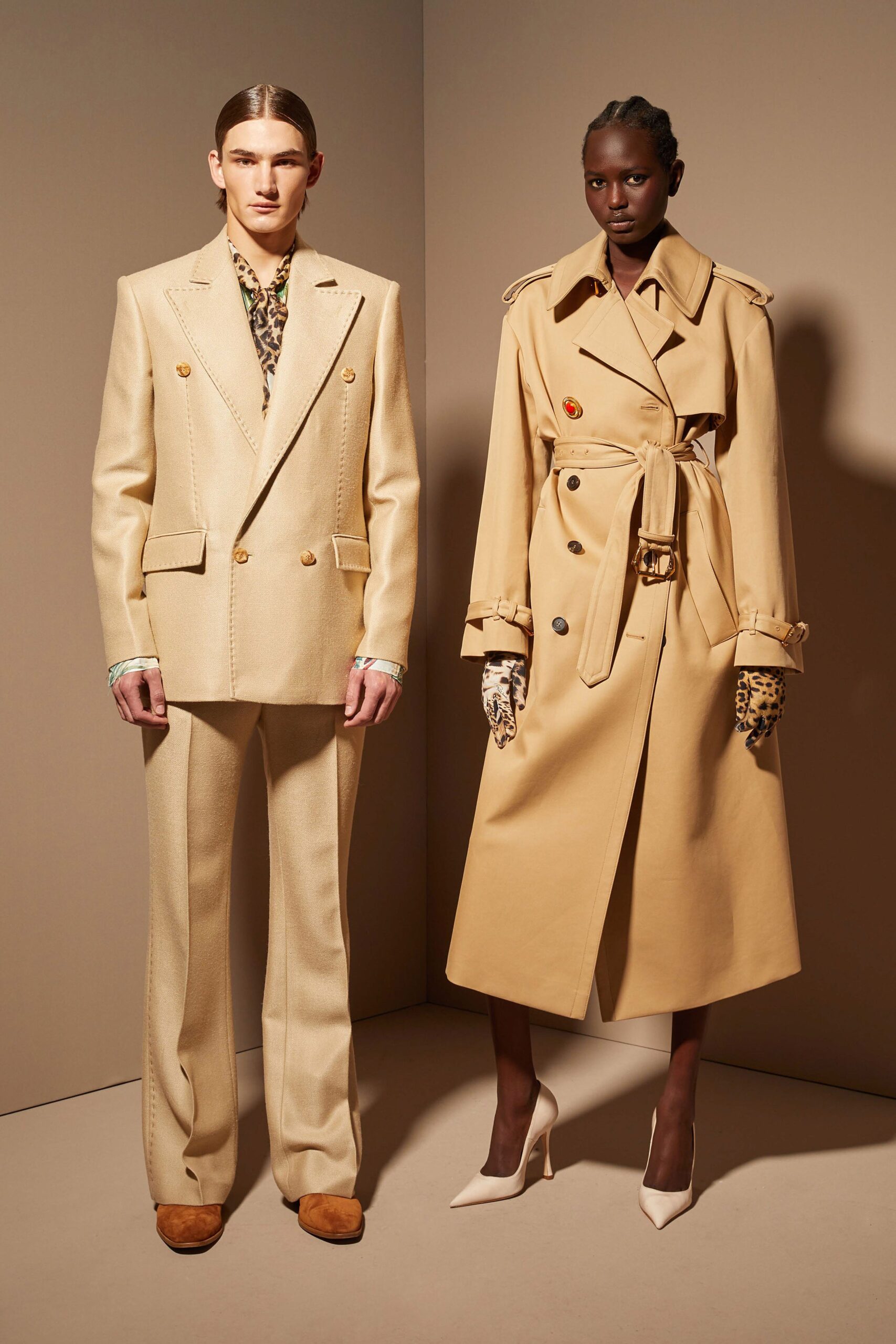 beige trench coat and suit