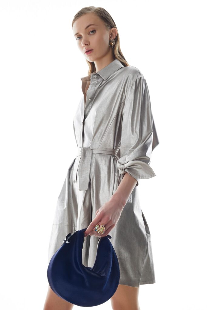 silver silk fitted shirt-dress