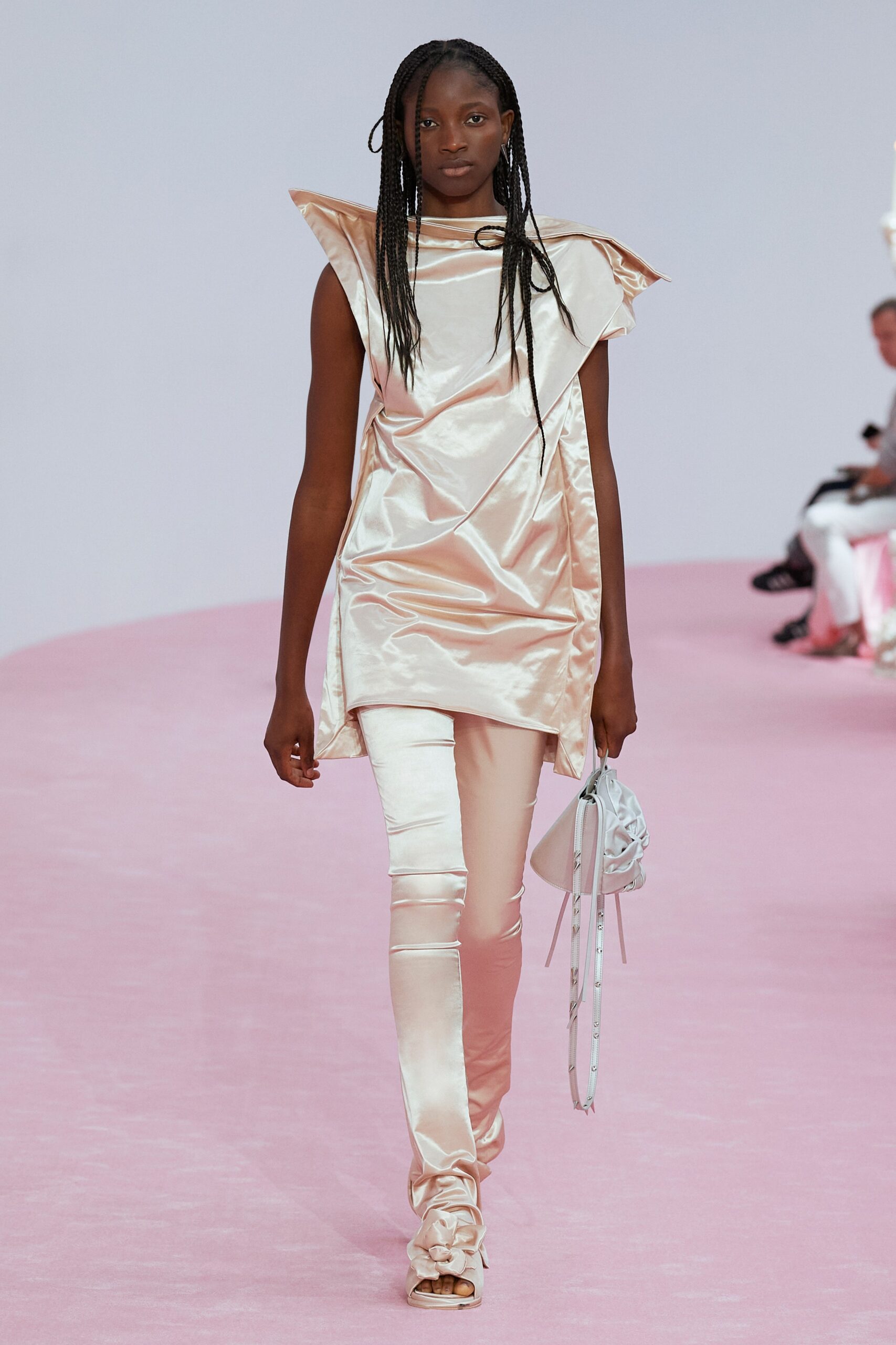 pink satin sleeveless high-neck relaxed draped shiny top