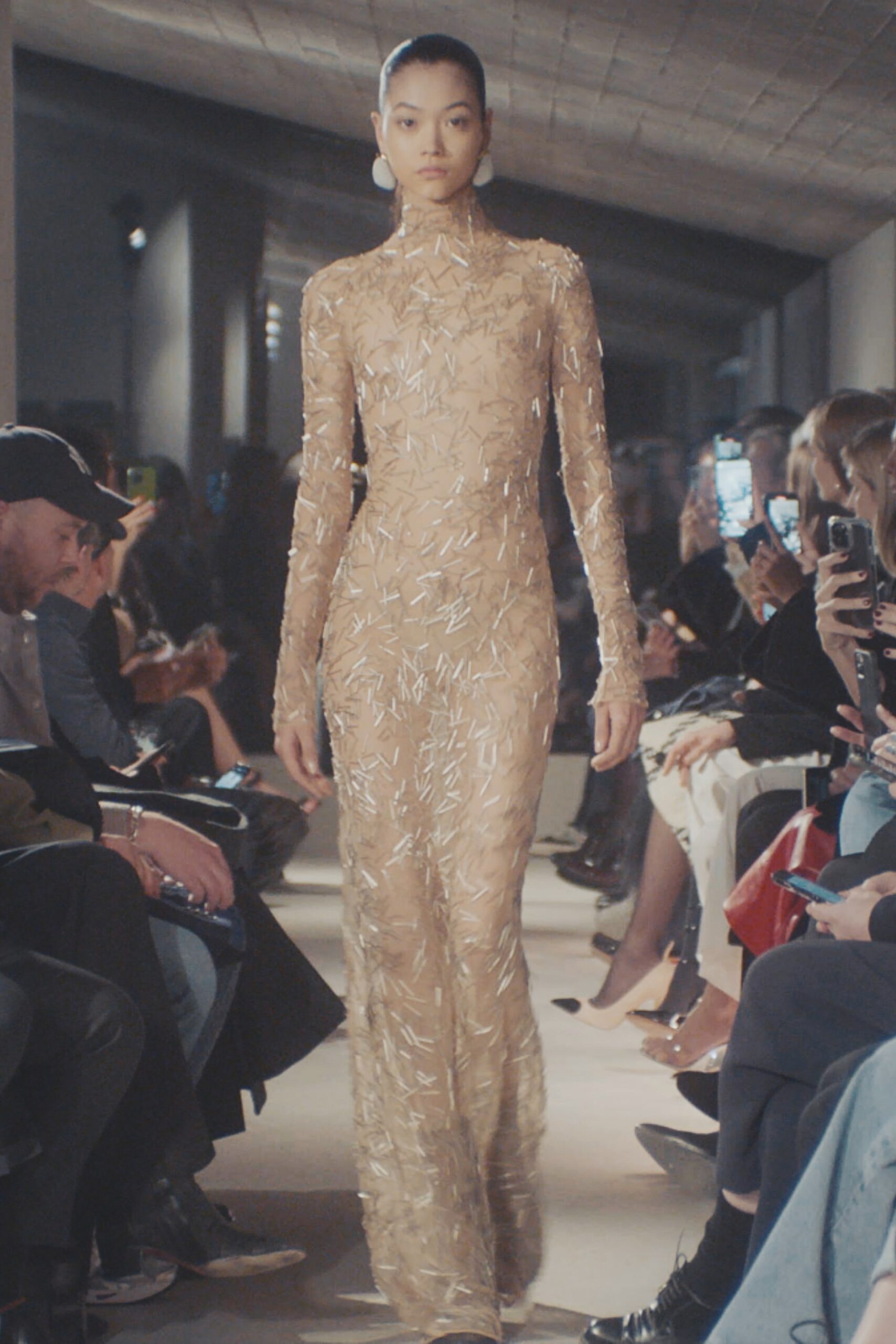 beige silk fitted gown