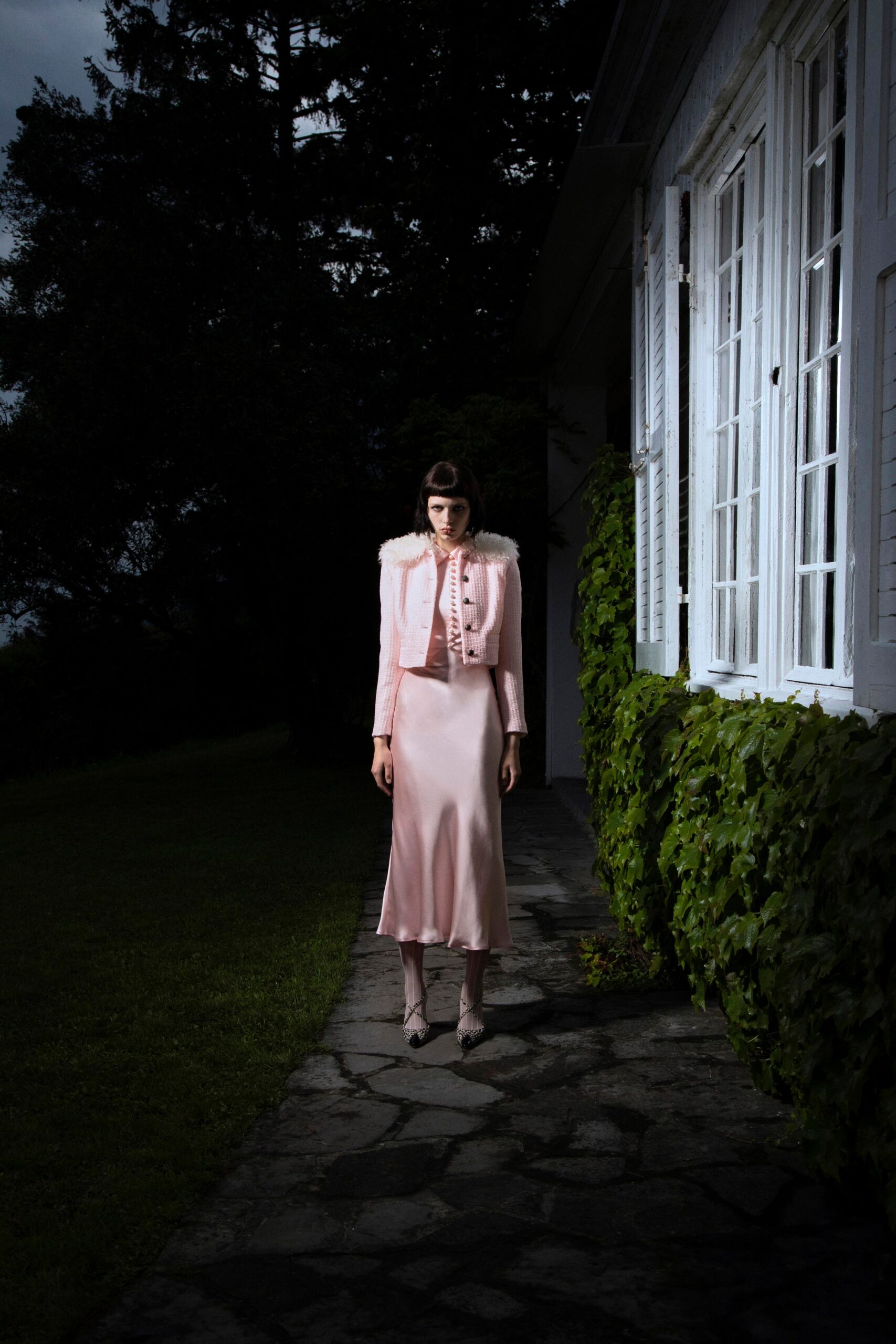 pink silk long-sleeve v-neck fitted straight-leg shiny dress