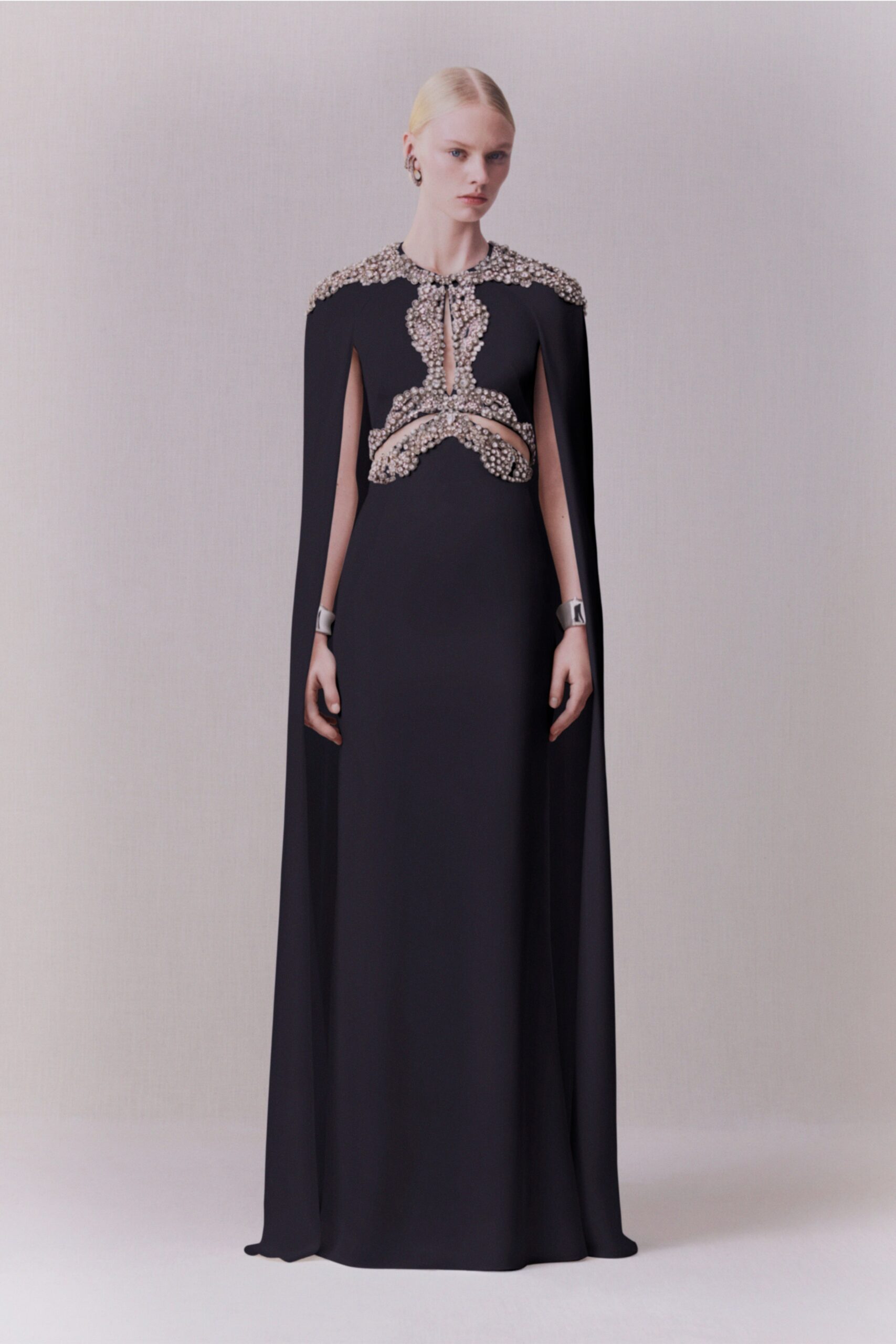 black silk sleeveless structured embellished cape