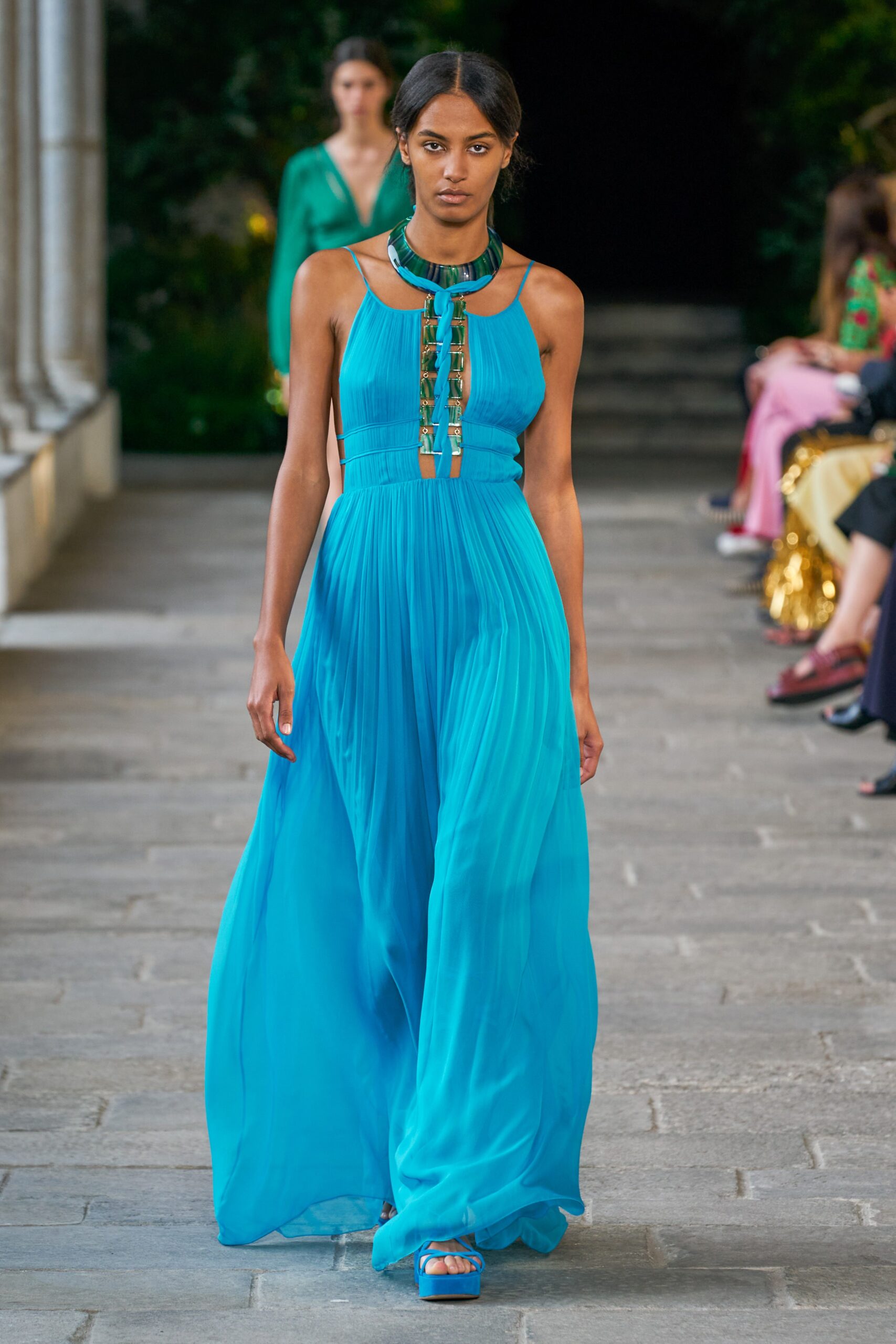 blue silk sleeveless dress
