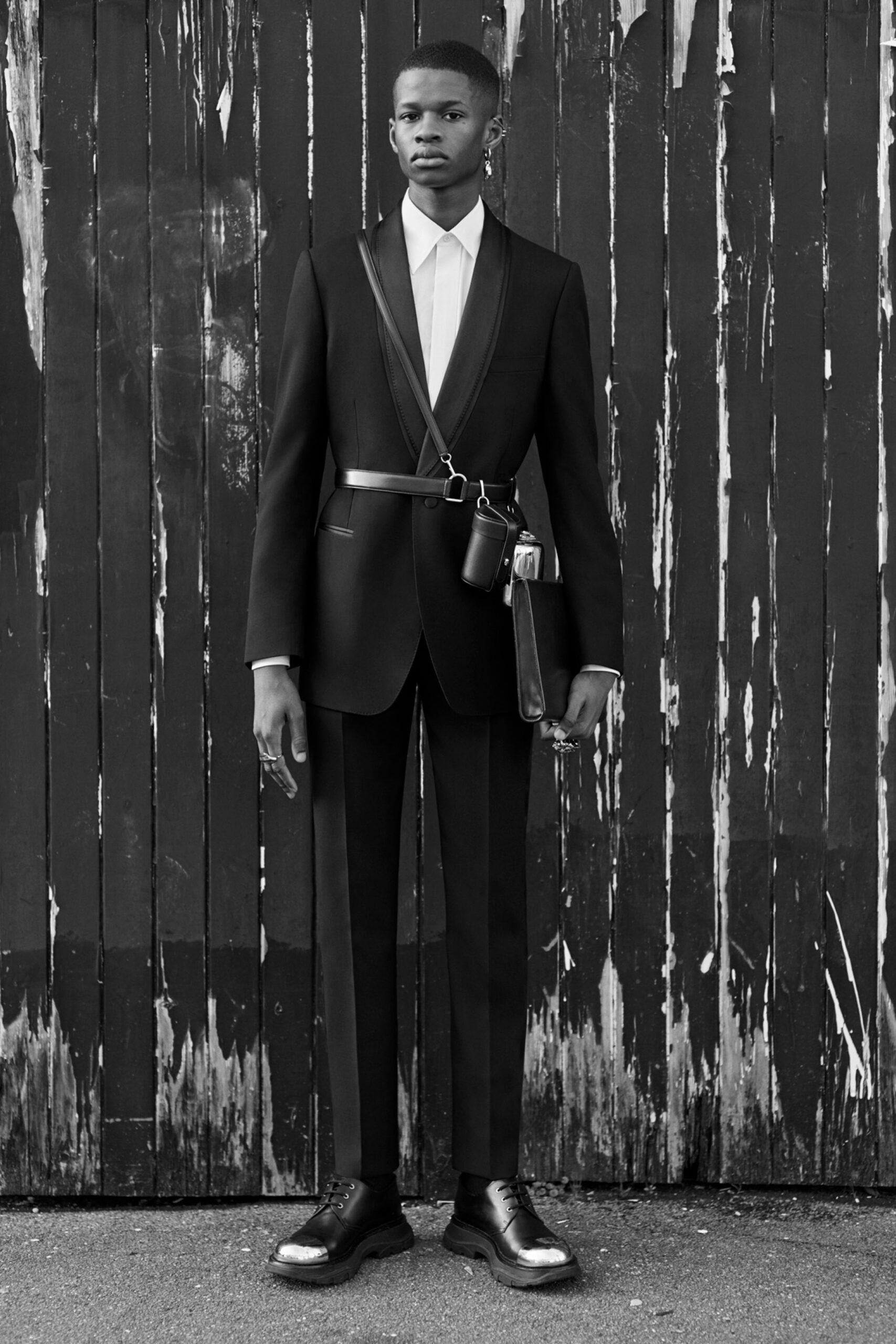 black tailored suit with white shirt
