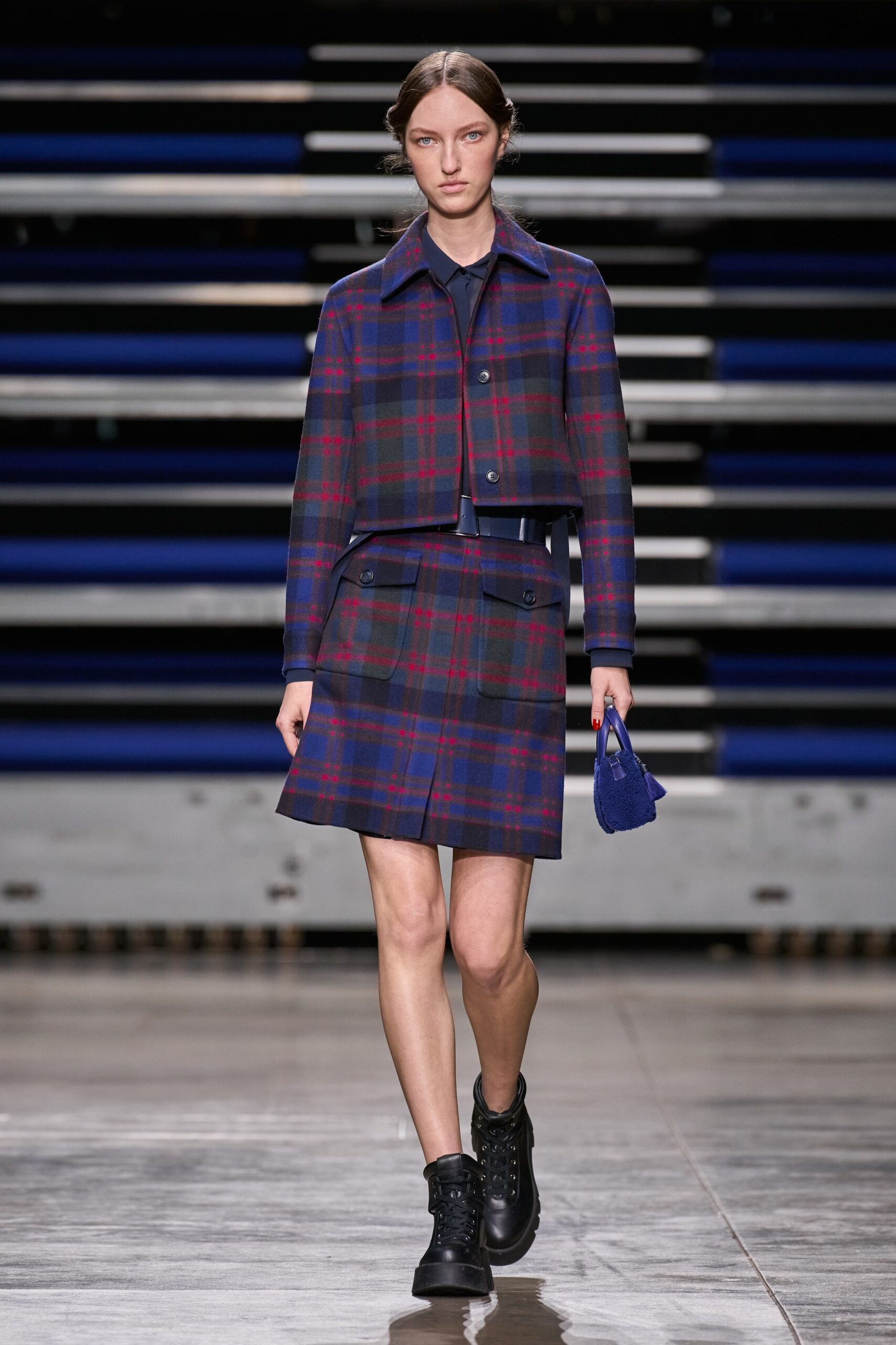 blue and red checked jacket and skirt