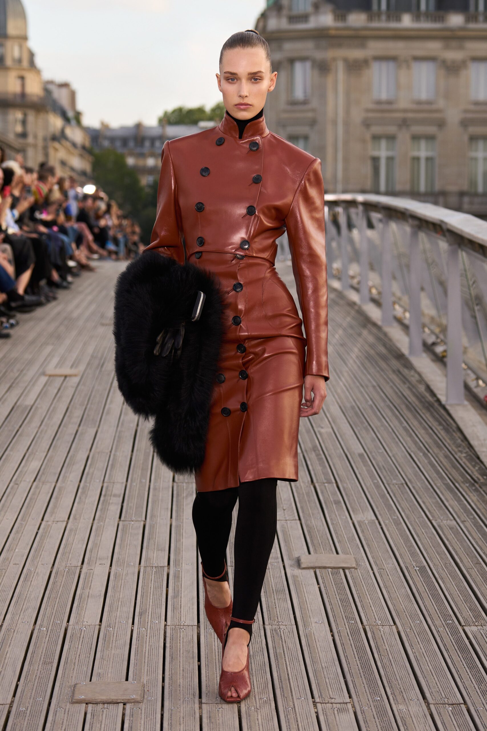 brown leather long-sleeve collared fitted pencil midi dress