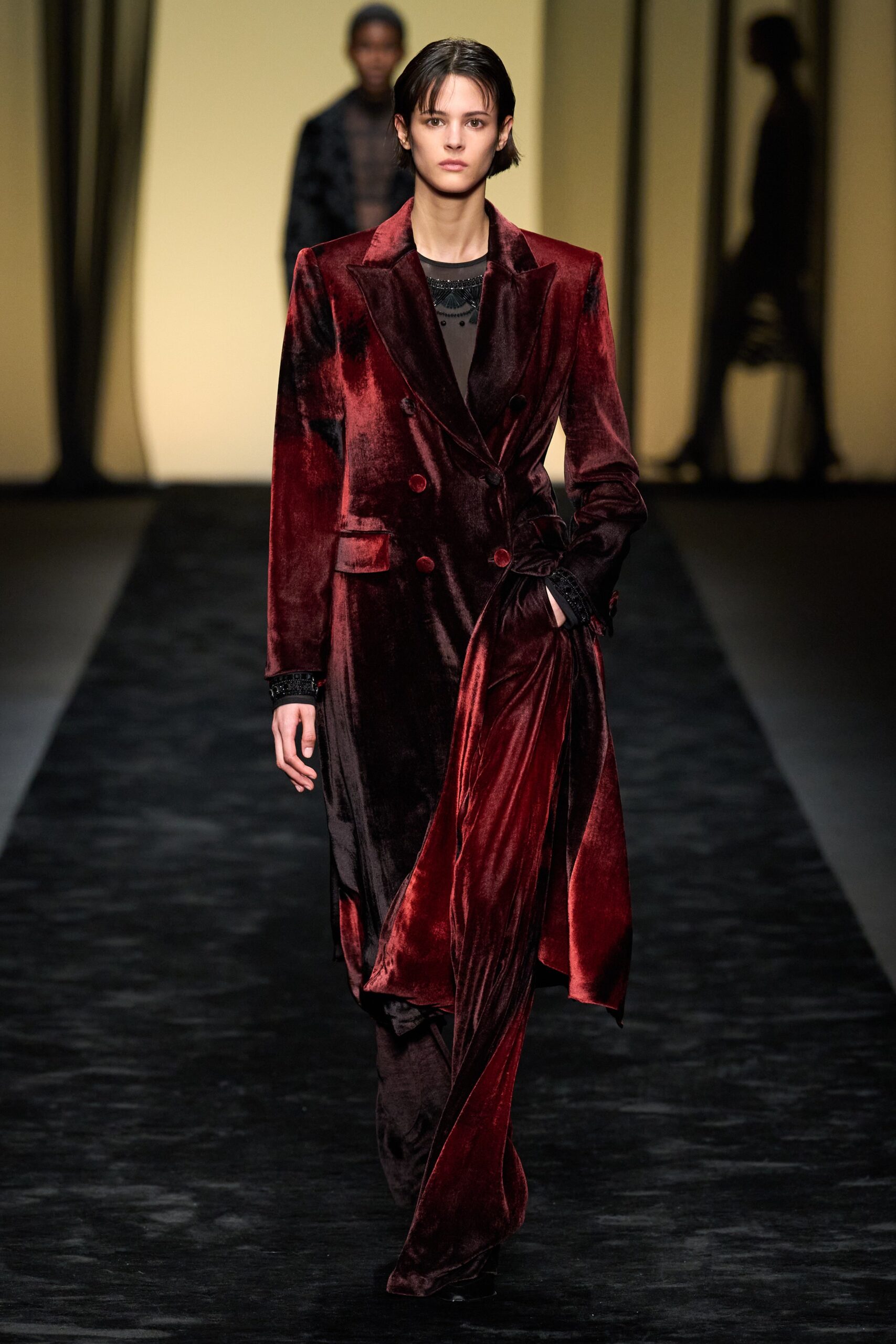 red and black velvet tailored coat