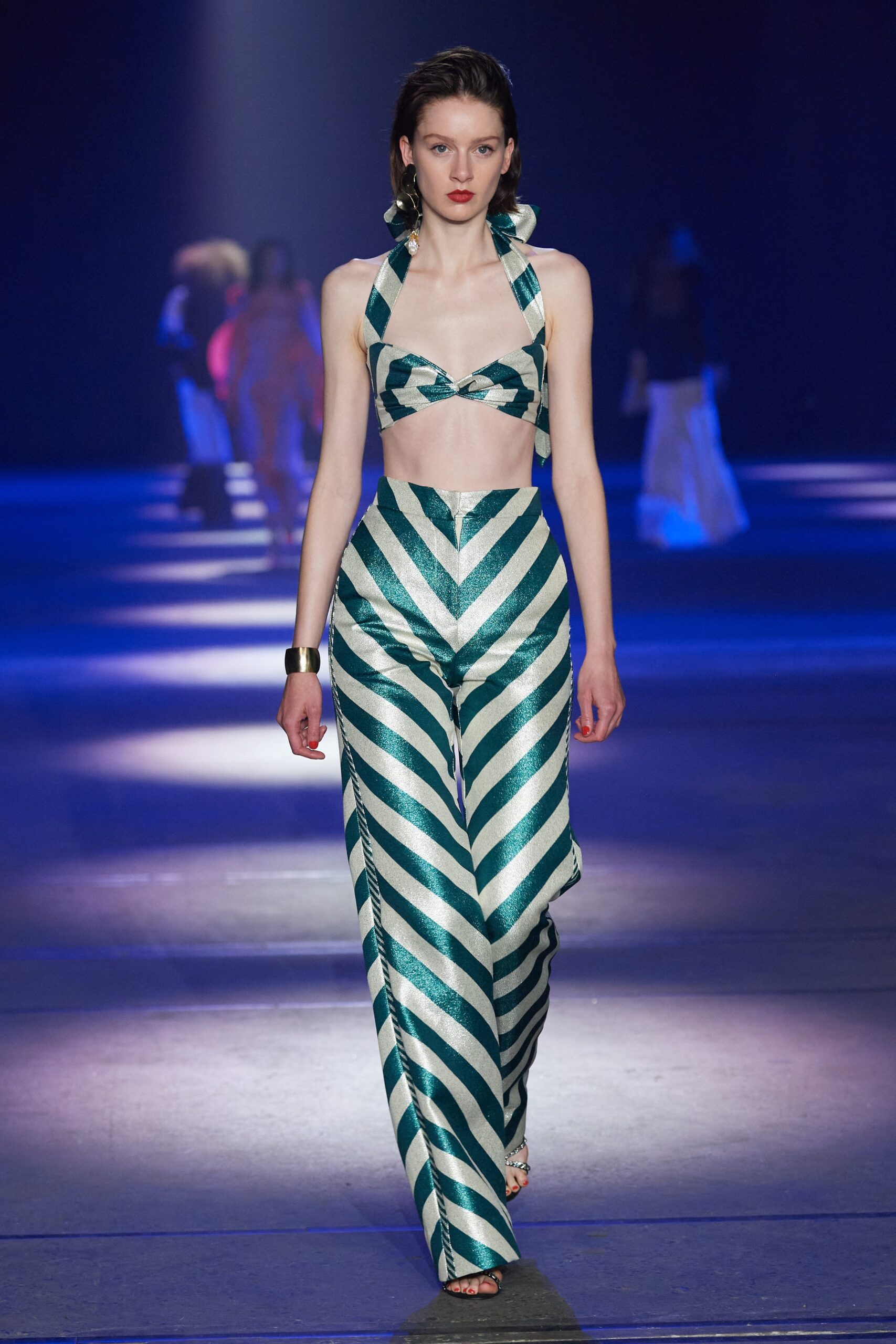 striped green and white crop-top and pants