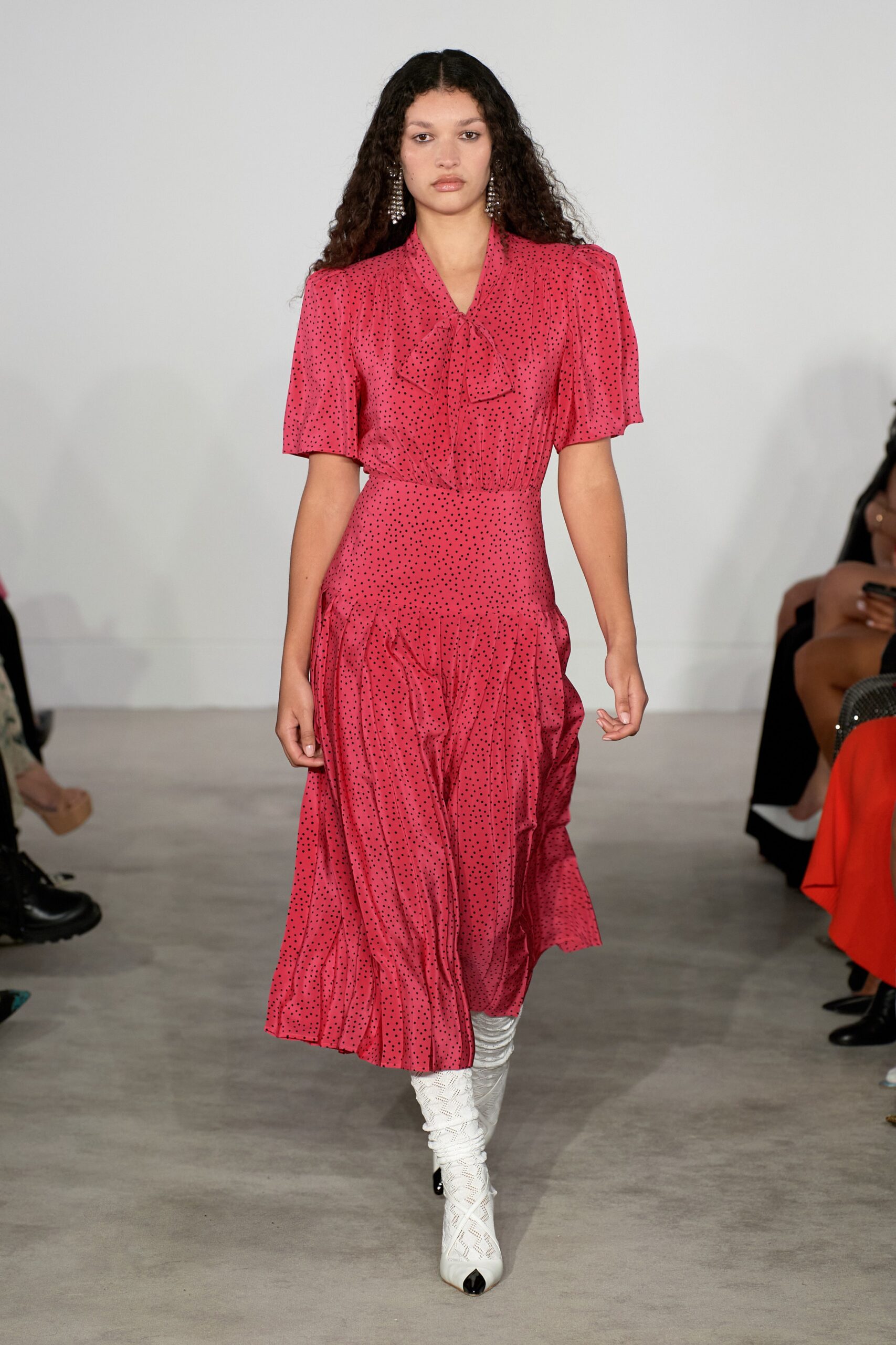 pink pleated midi dress