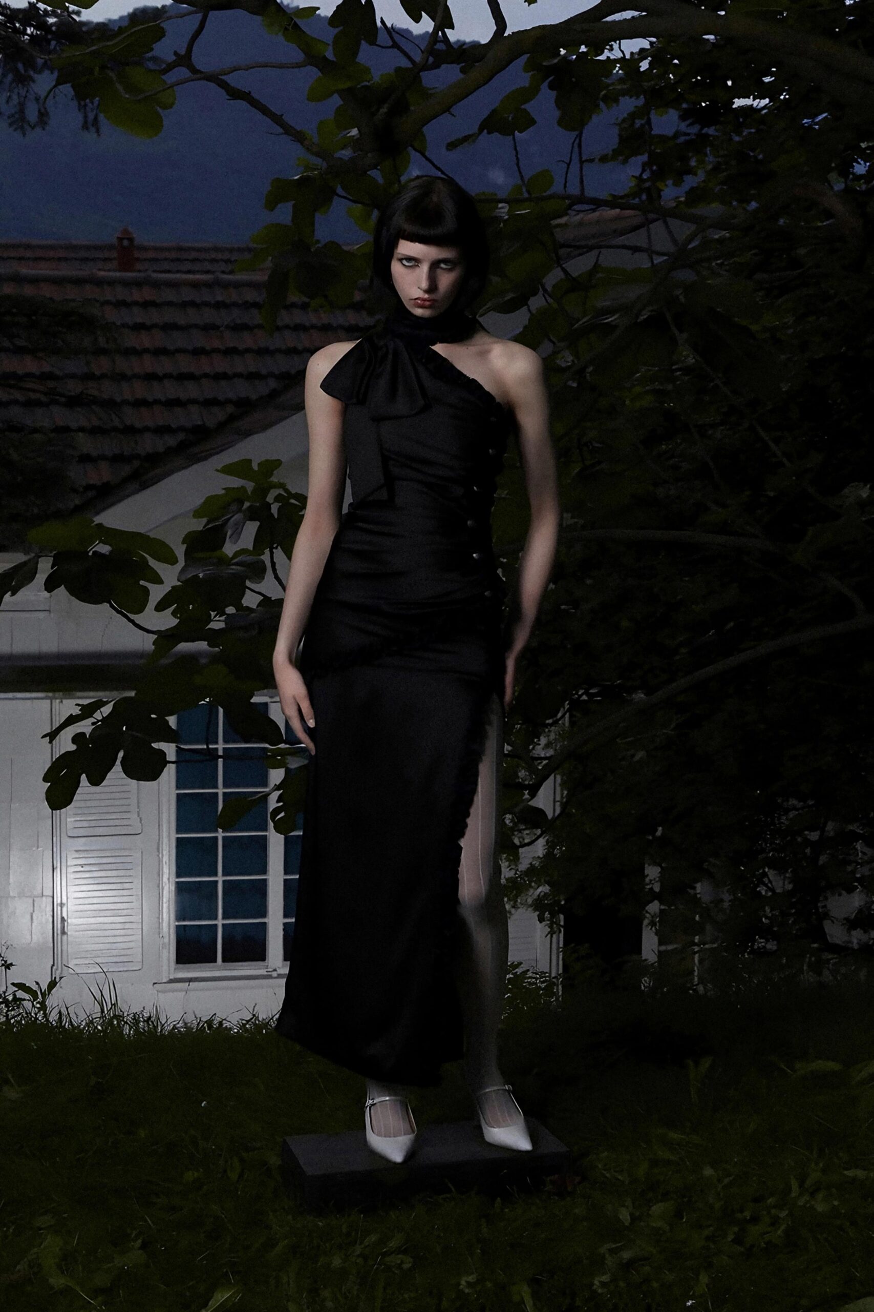 black silk asymmetric dress