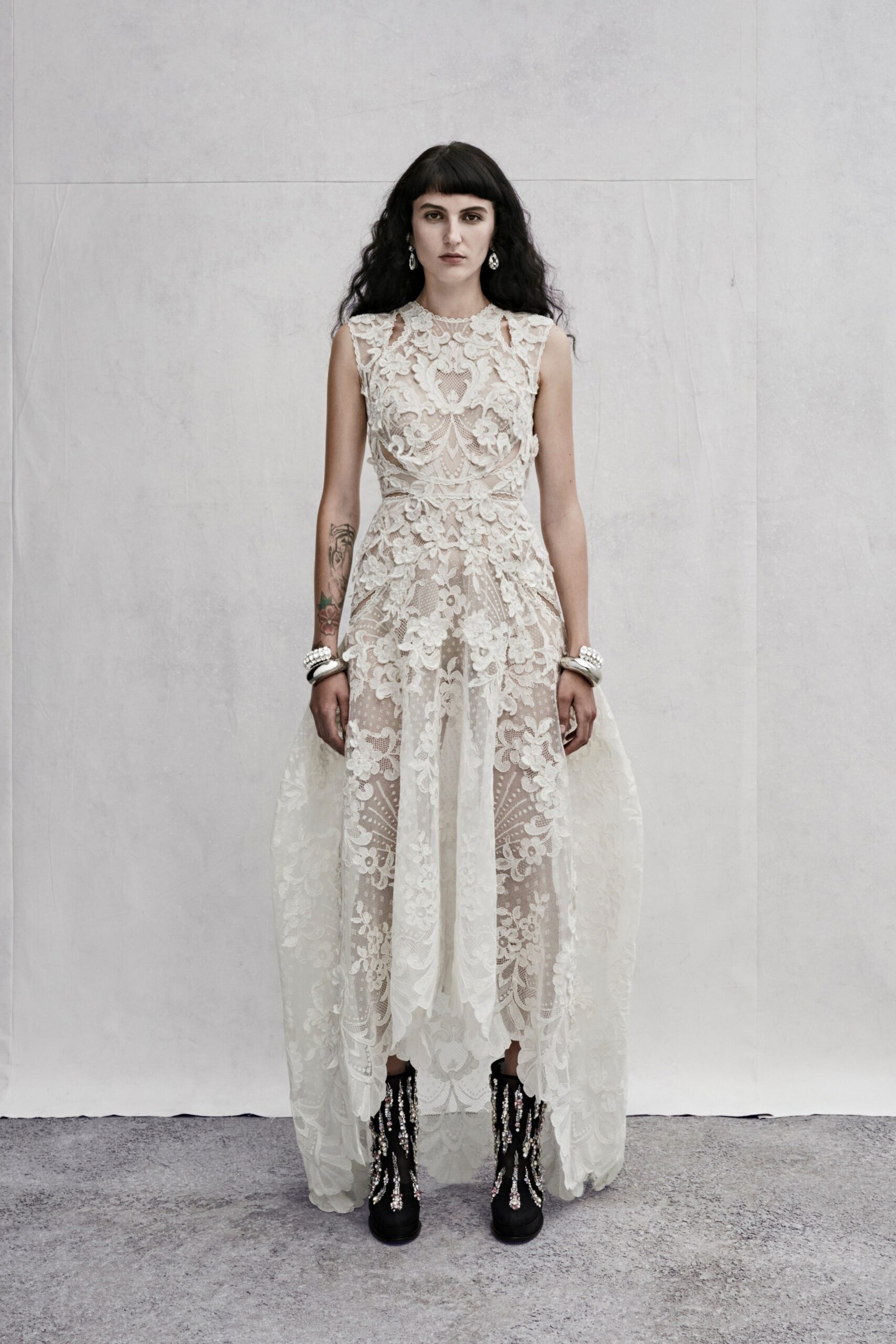 white lace sleeveless high-neck fitted embroidered tiered dress