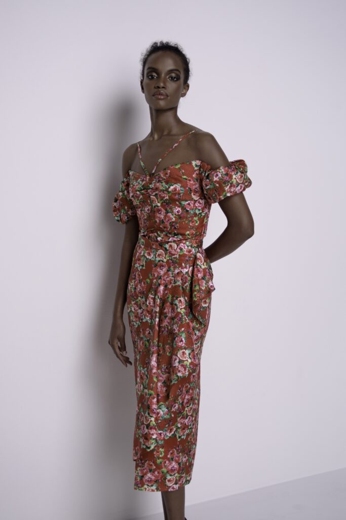 red floral off-shoulder midi dress