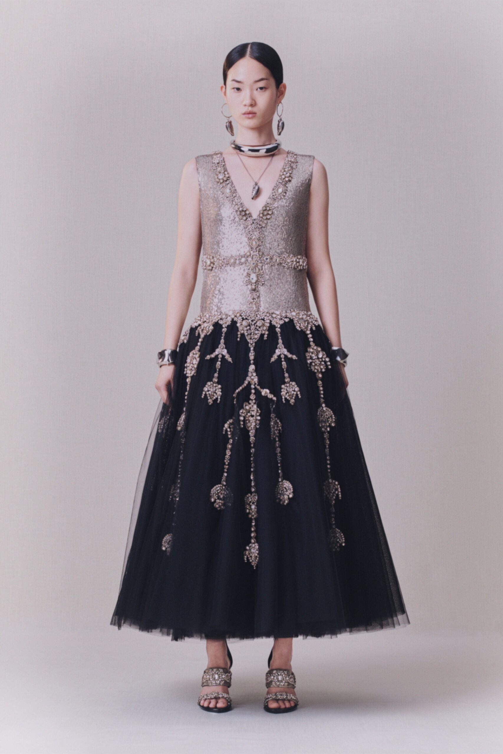 black tulle sleeveless v-neck fitted embroidered tiered dress