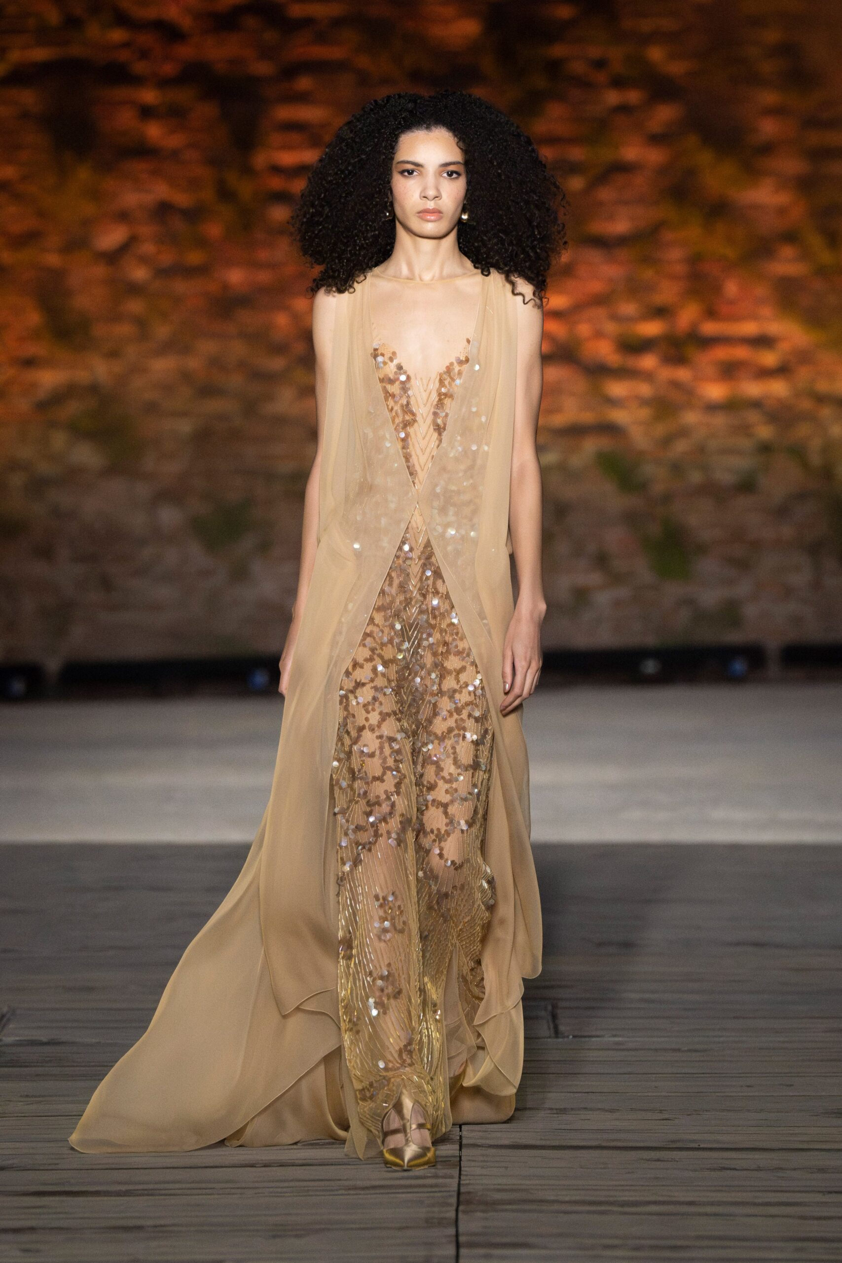beige silk sleeveless gown