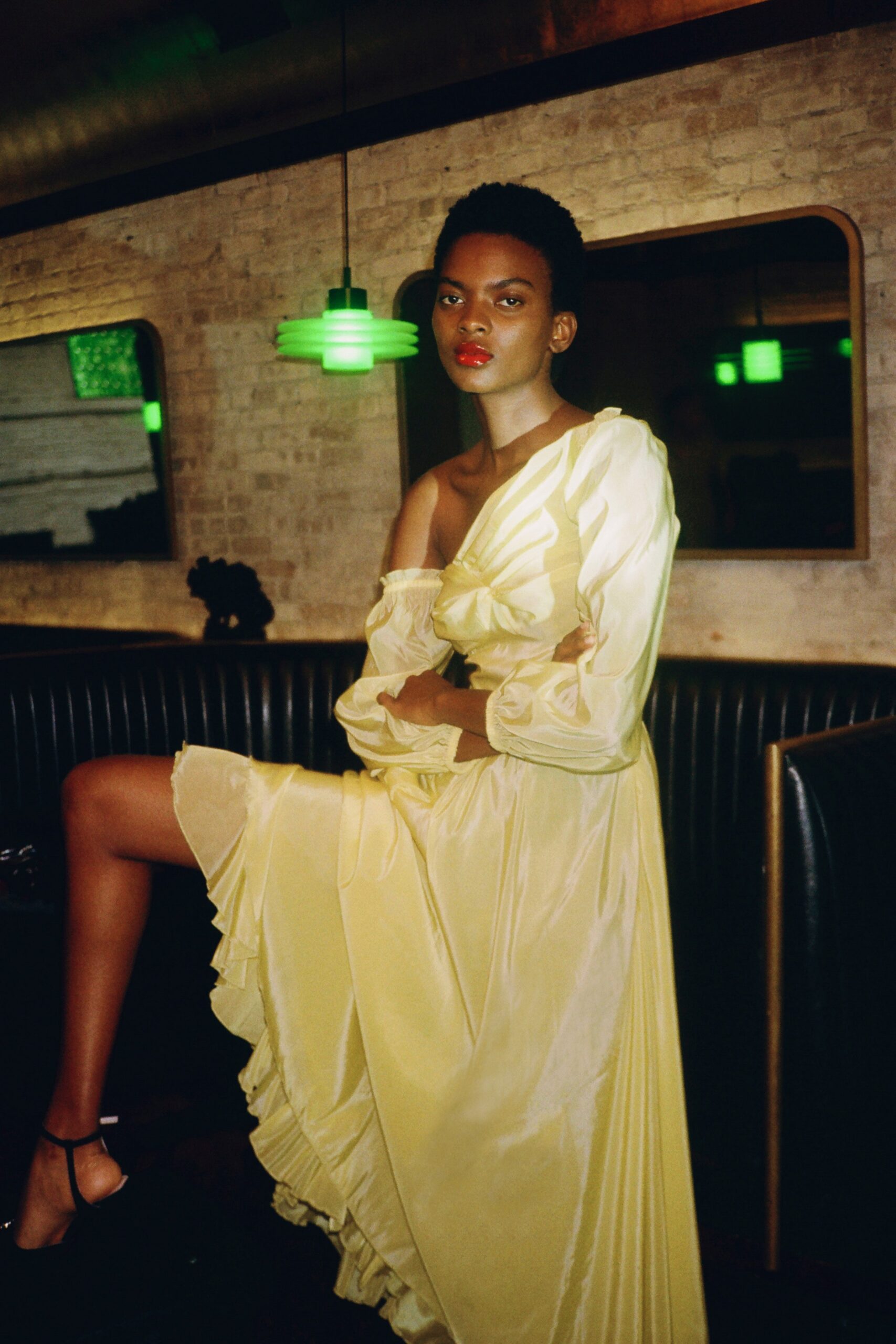 yellow silk off-shoulder dress
