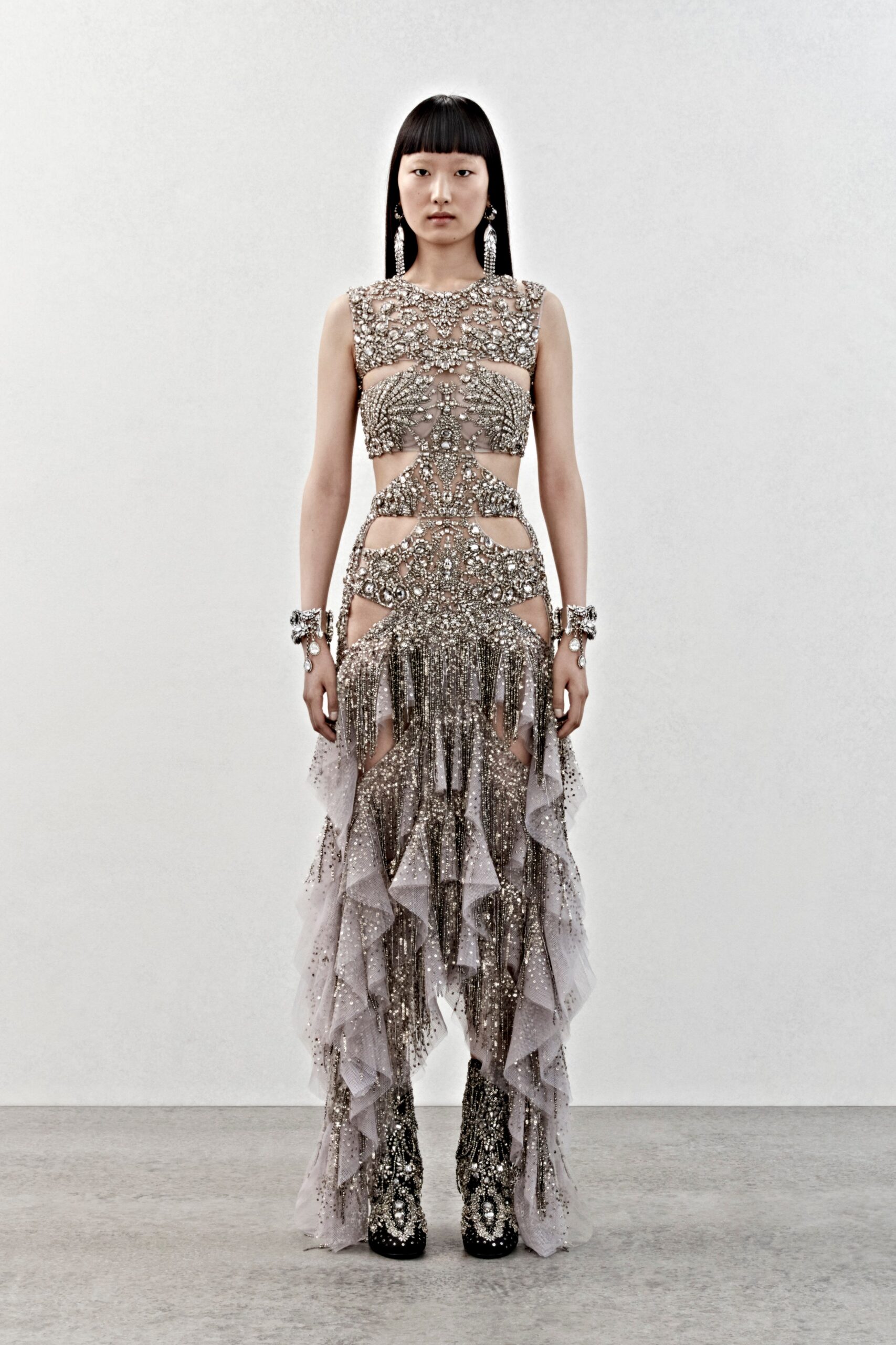 gray embellished ruffled dress