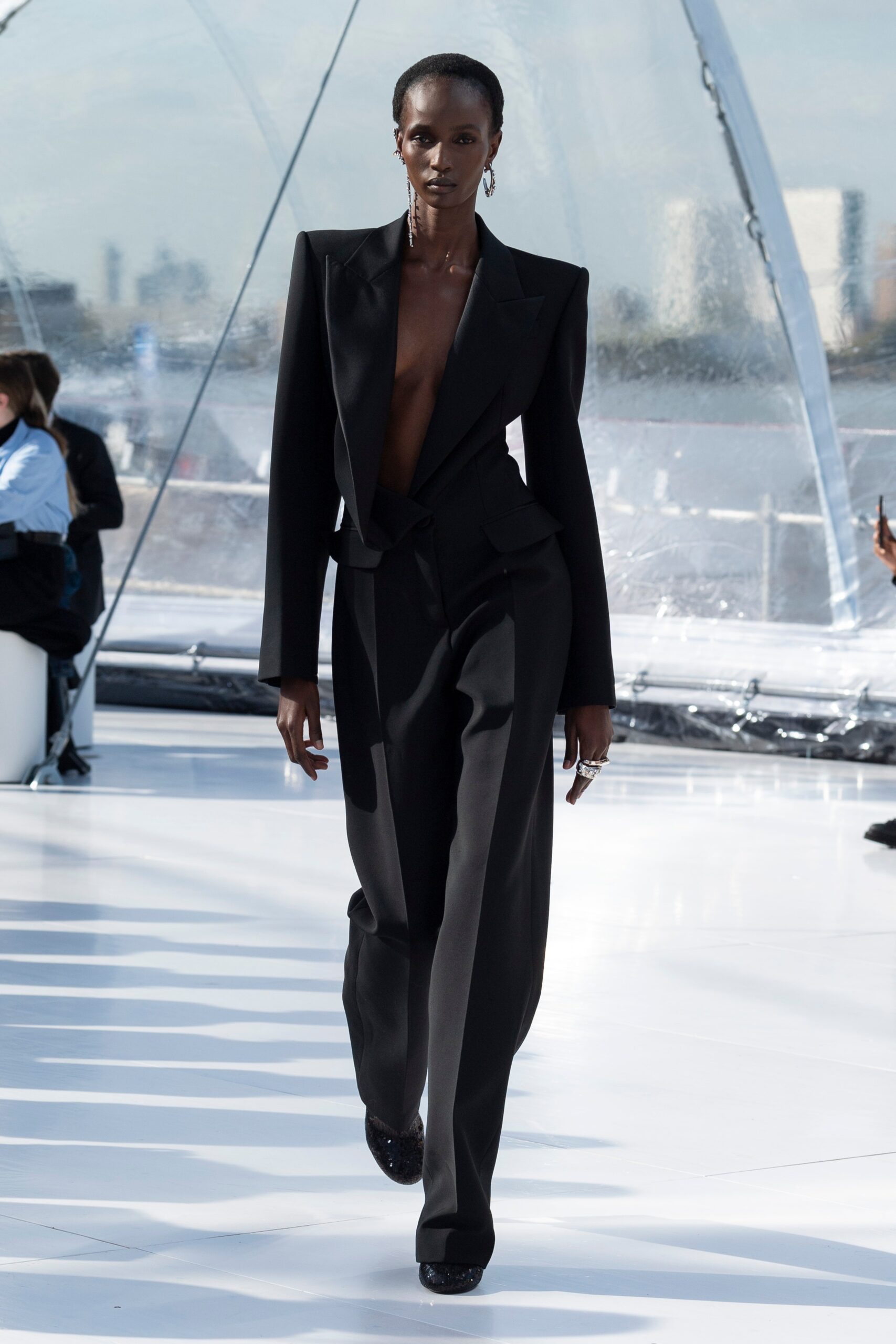 fitted black wool suit