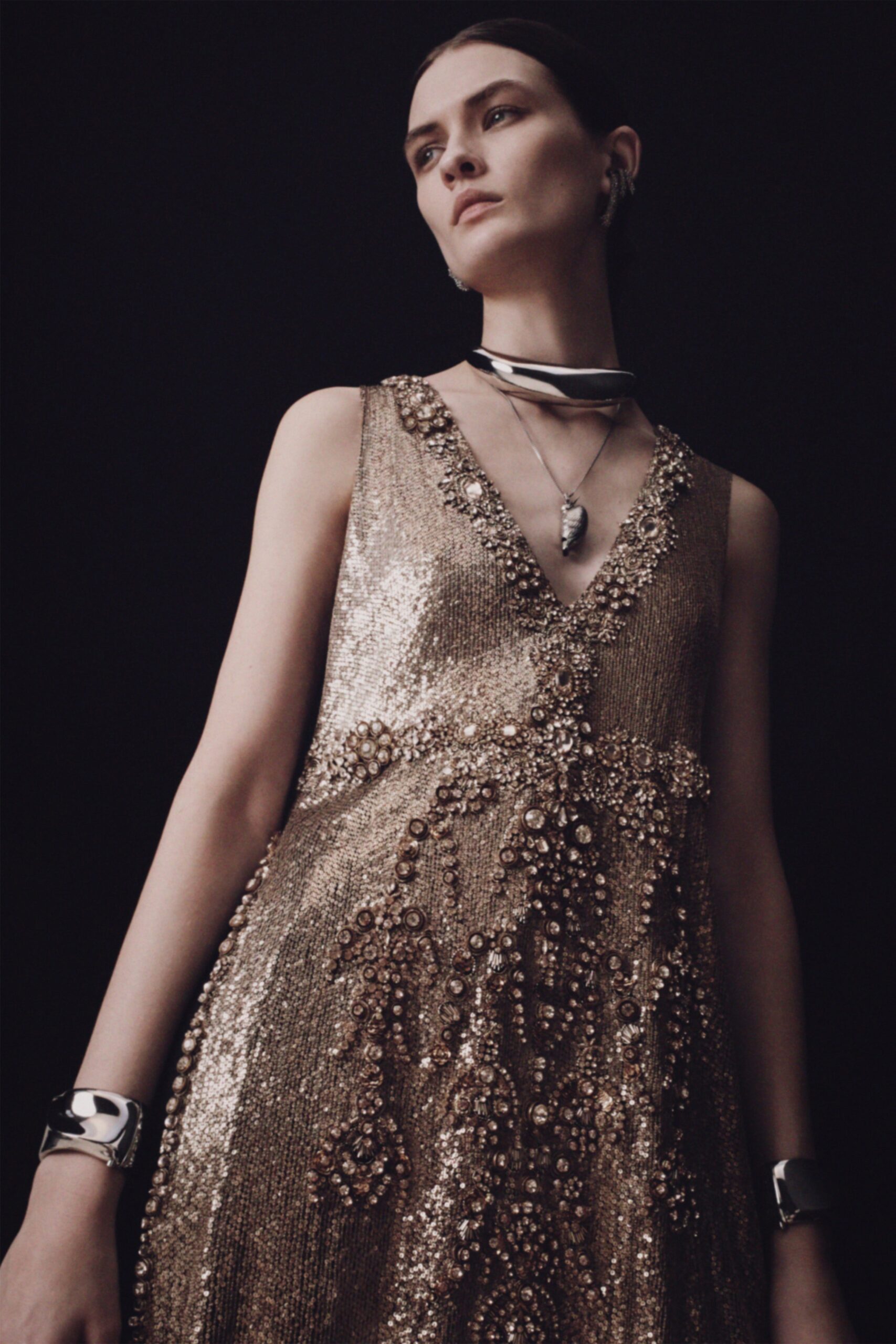 gold embroidered sleeveless dress