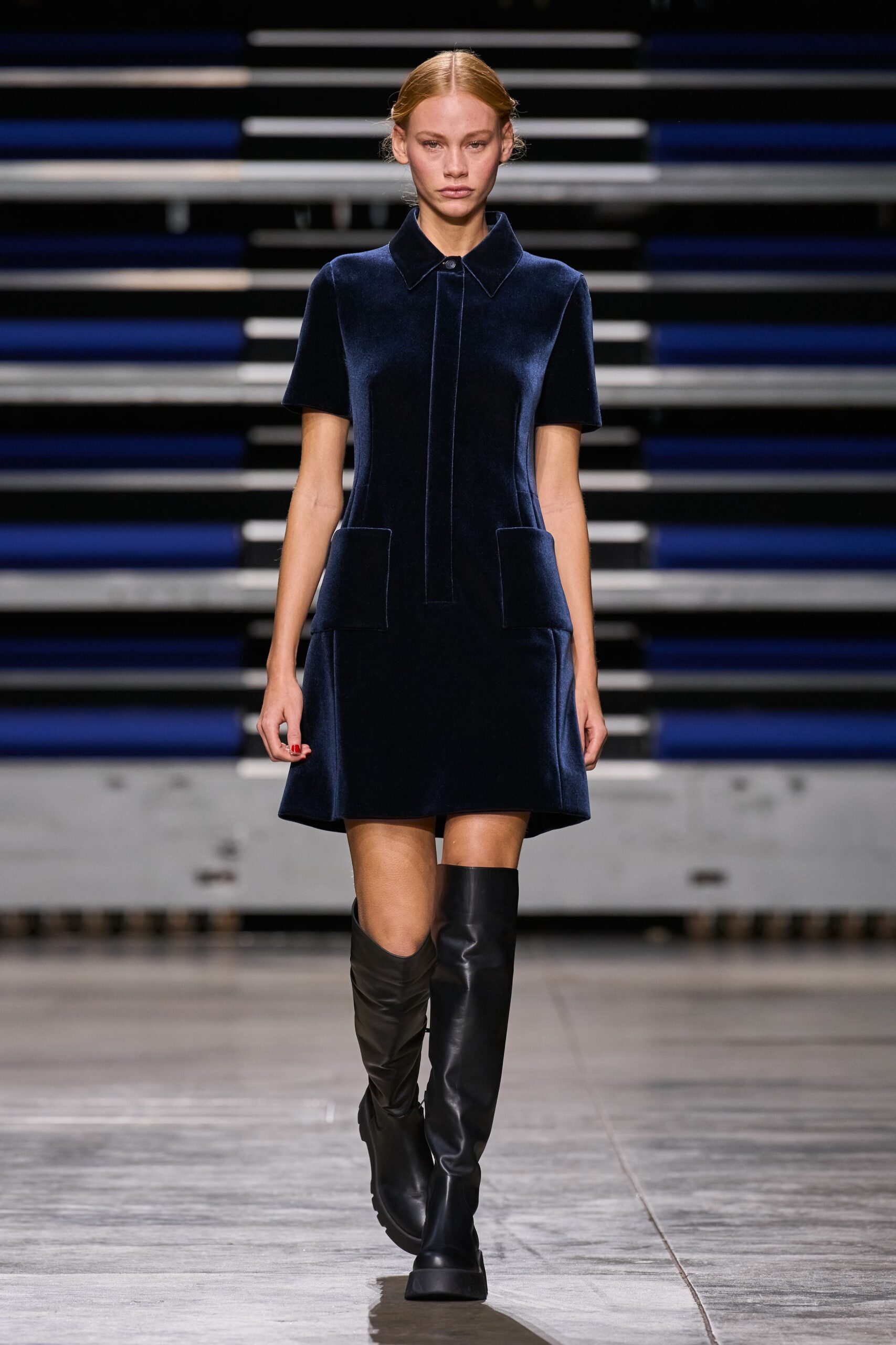 blue velvet fitted dress with boots