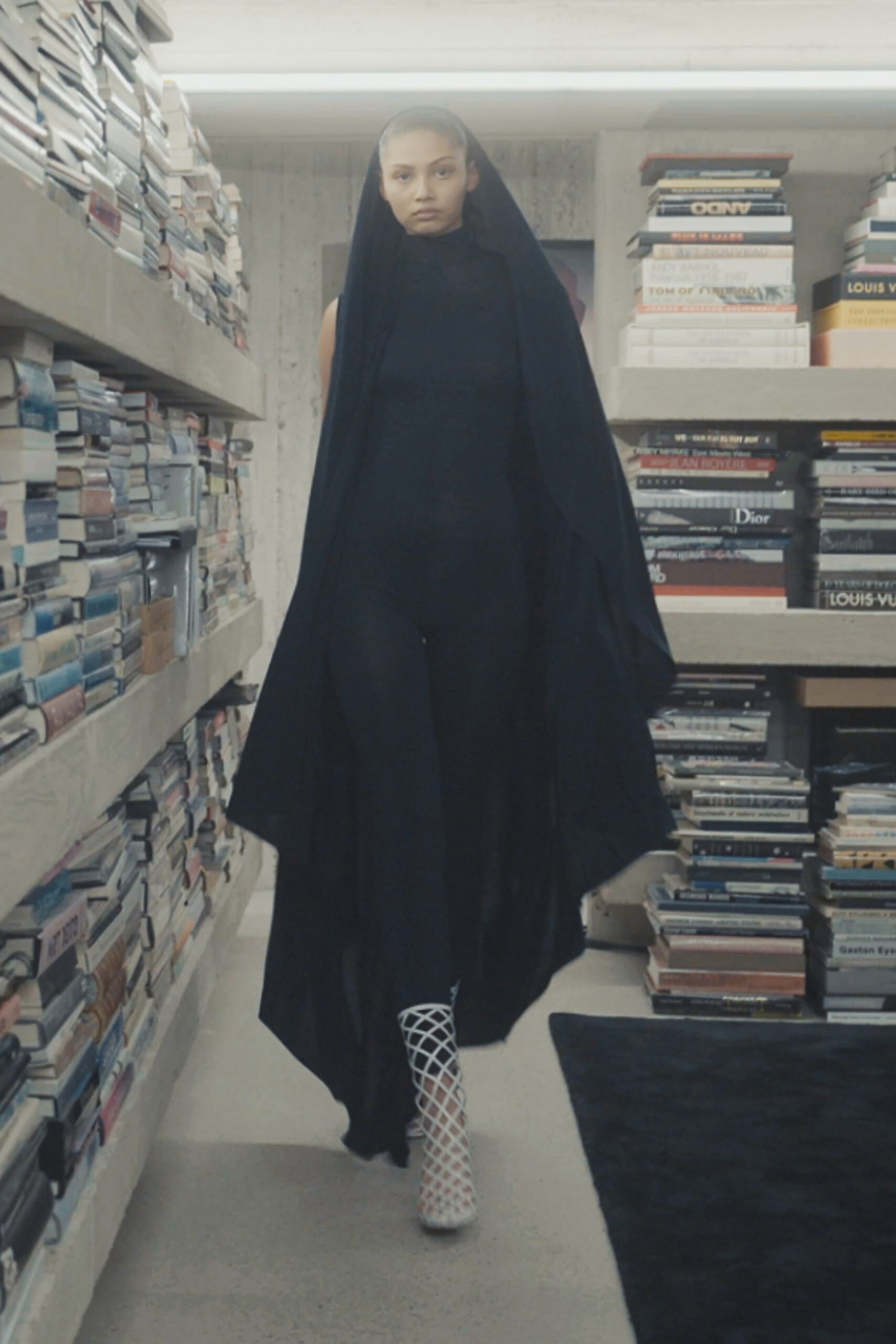 black chiffon oversized draped flowing cape