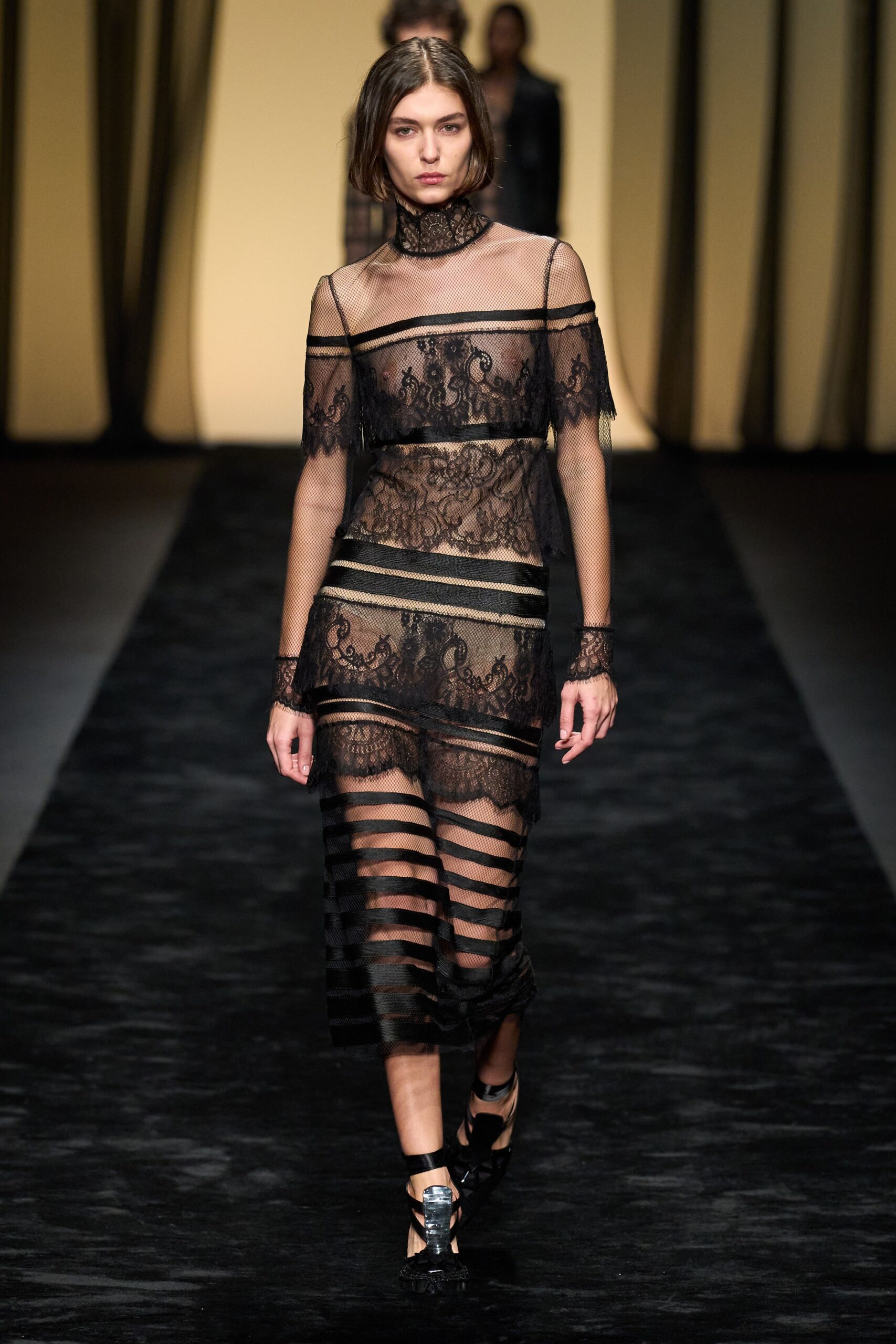 black lace fitted midi dress