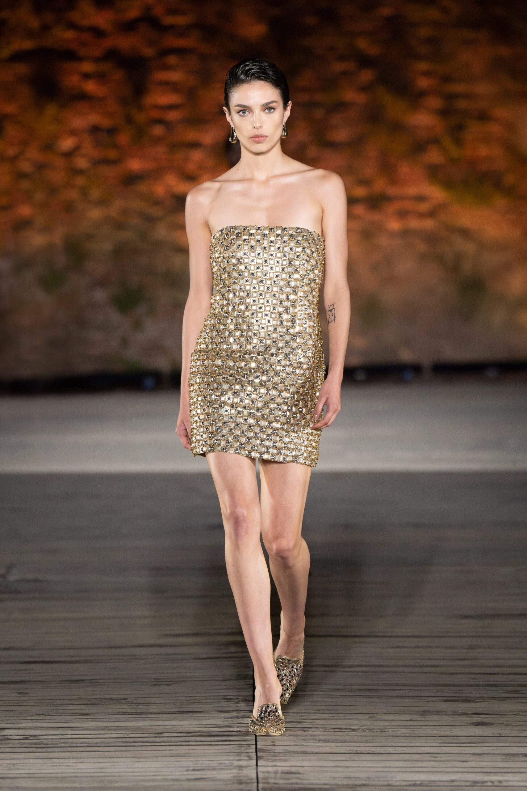 gold sequined strapless mini dress