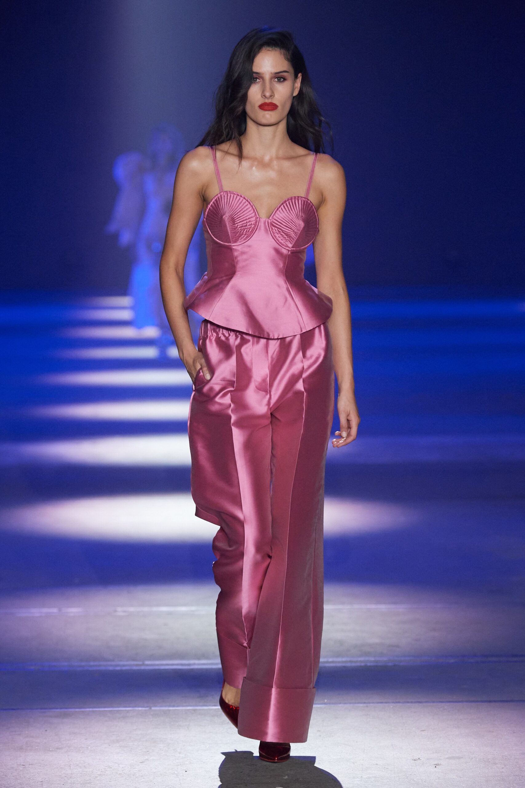 pink satin fitted top and wide-leg pants
