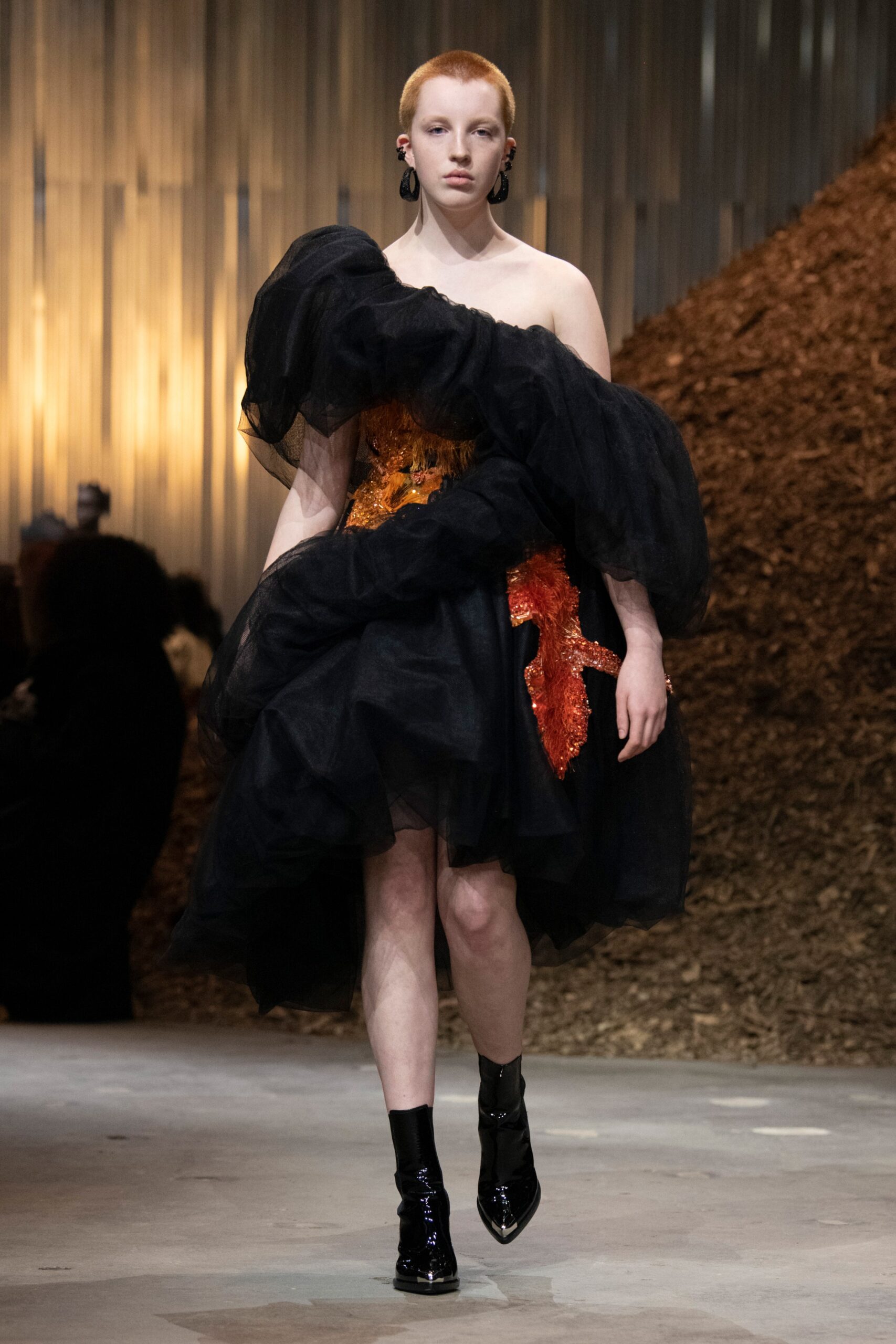 black strapless ruffled dress