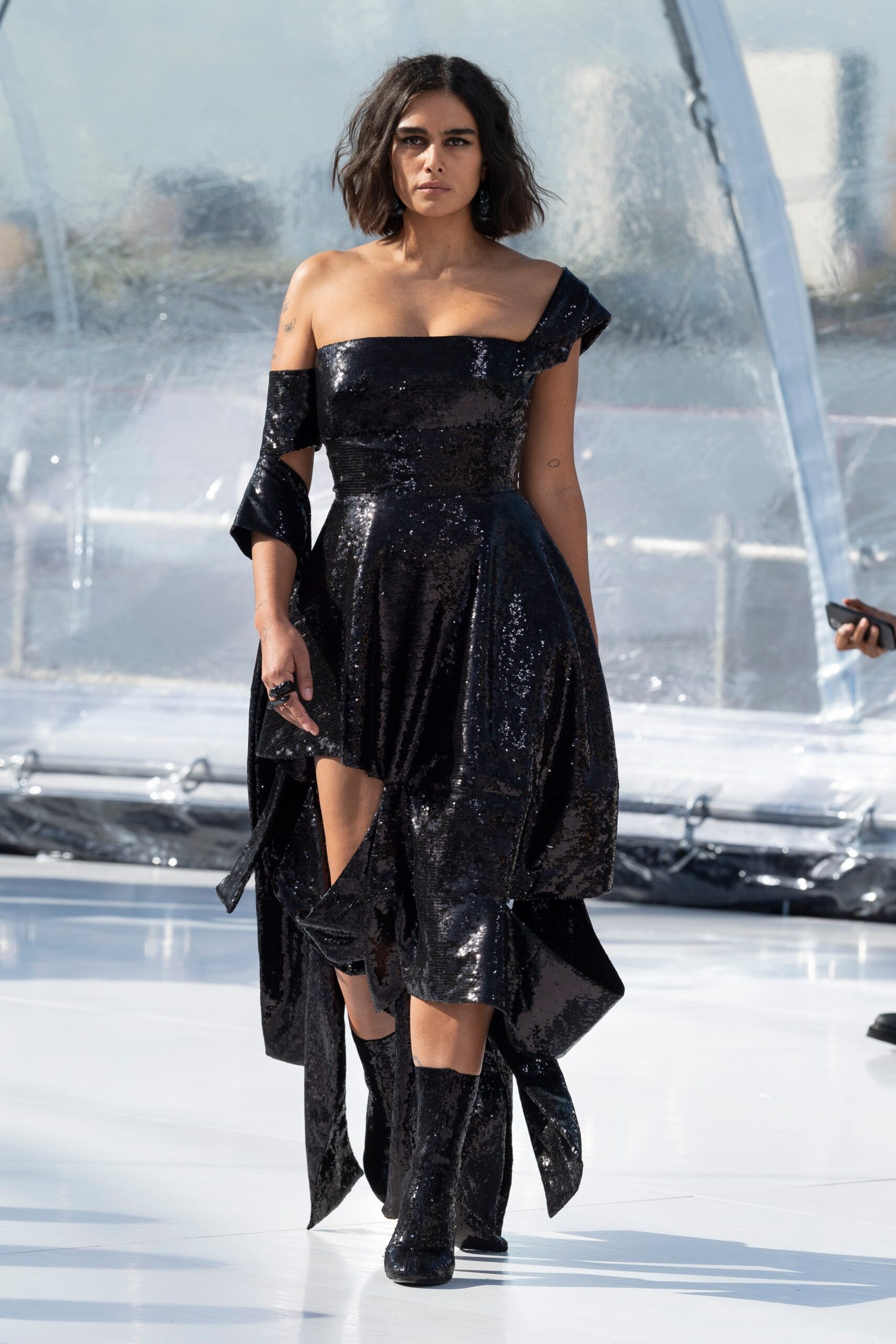 black sequin asymmetric dress