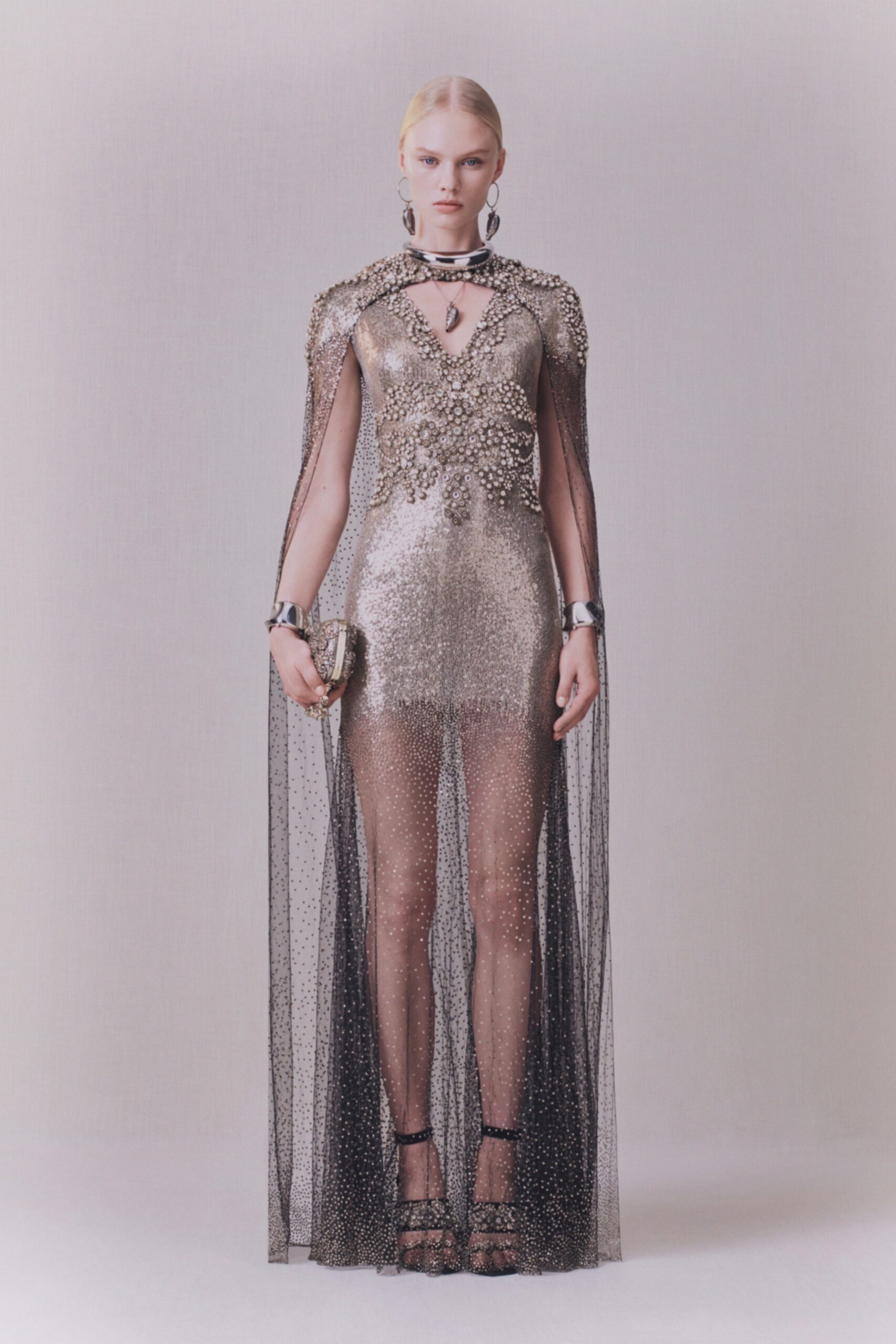 gray silk sleeveless v-neck fitted embellished draped gown