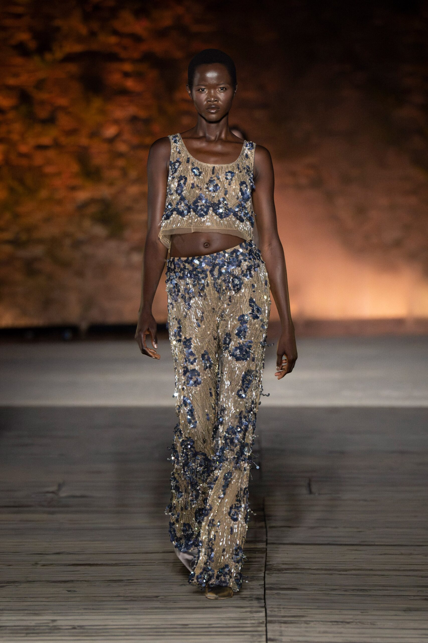 gold and blue sequin crop-top and skirt
