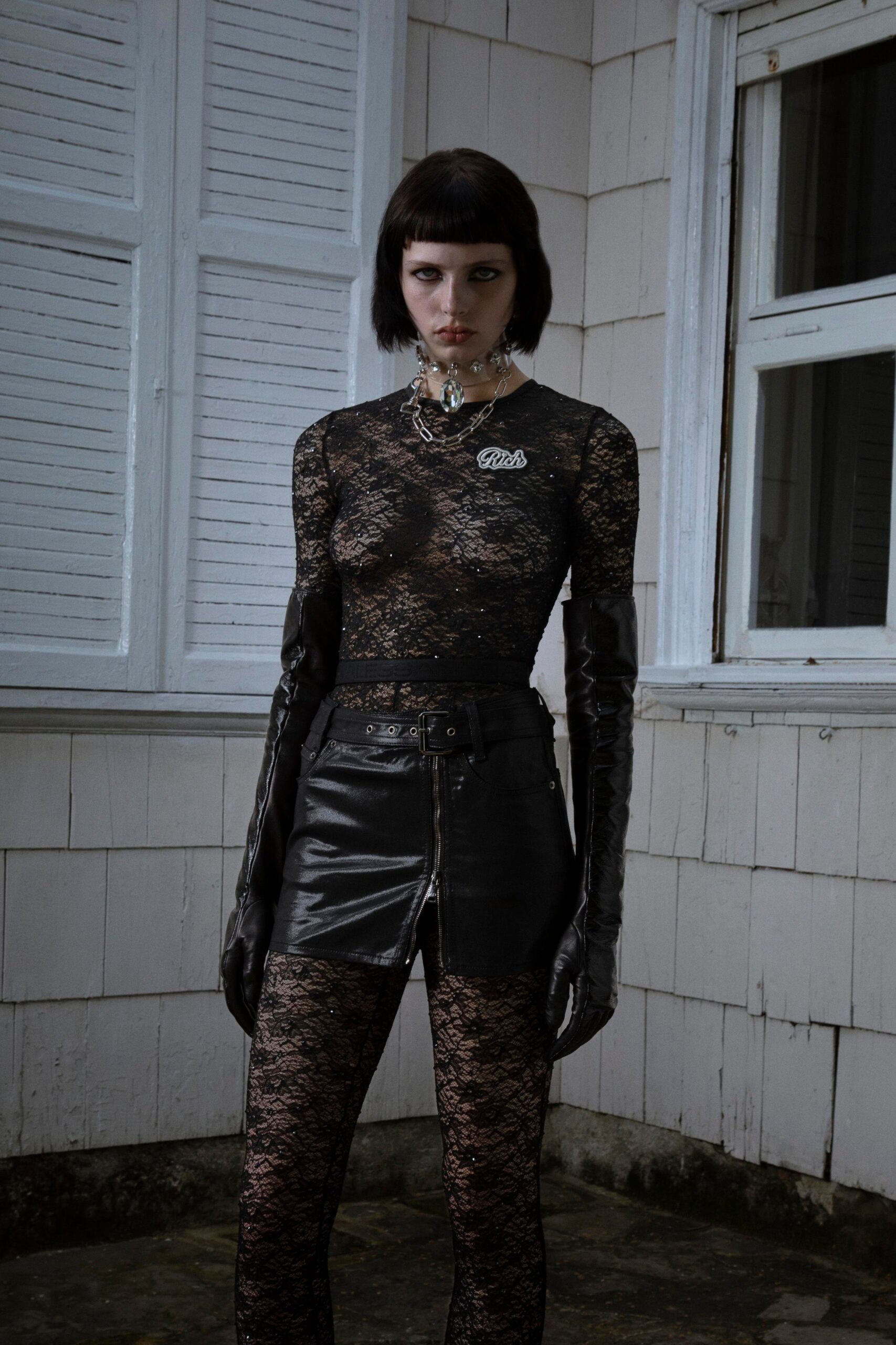 black lace long-sleeve high-neck fitted sheer top