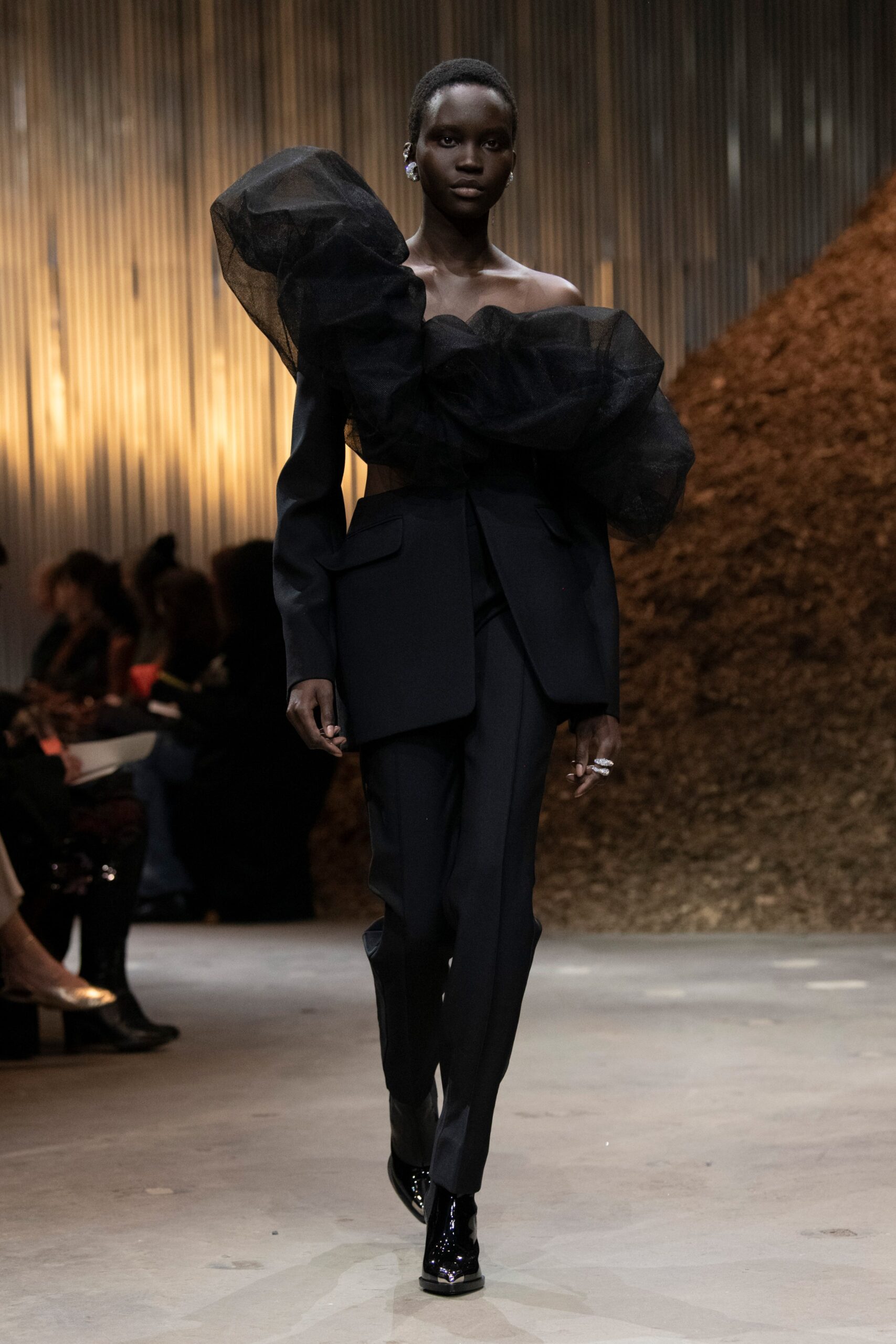 black silk long-sleeve off-shoulder tailored draped blazer