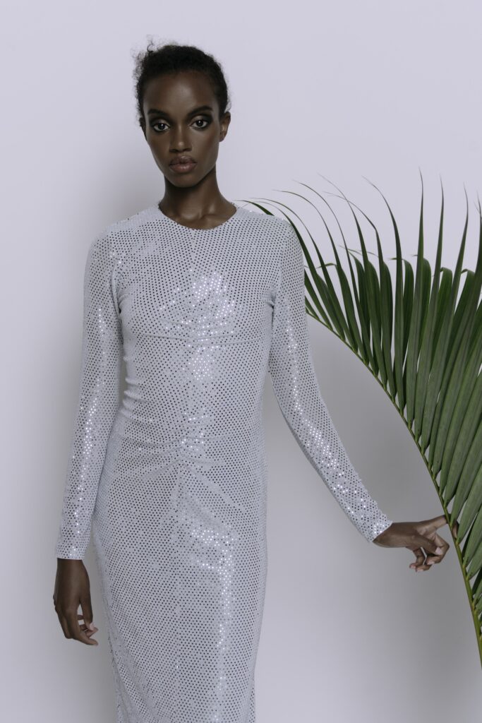 A fitted silver sequin dress with long sleeves and a high neckline.