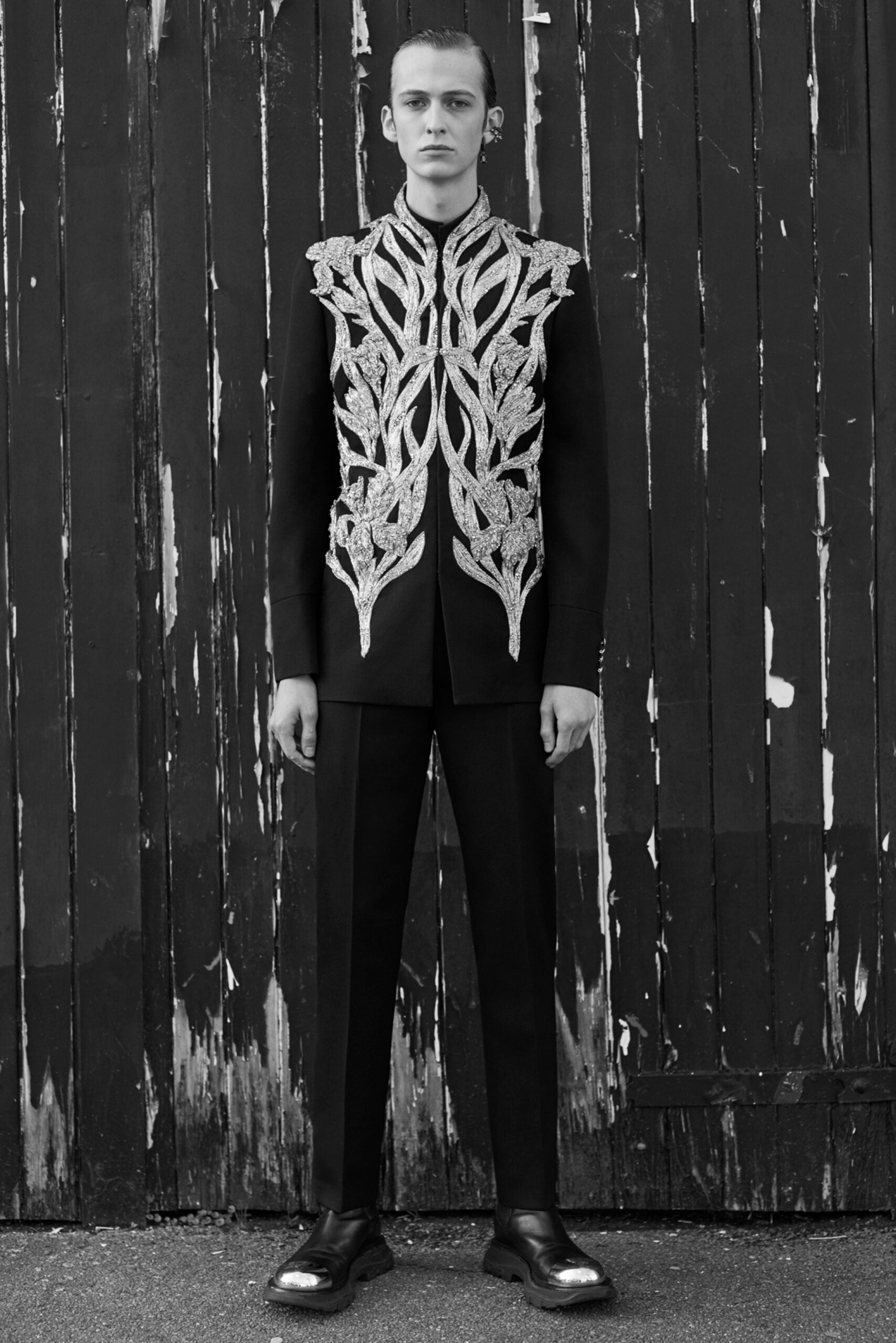 black embroidered blazer and pants