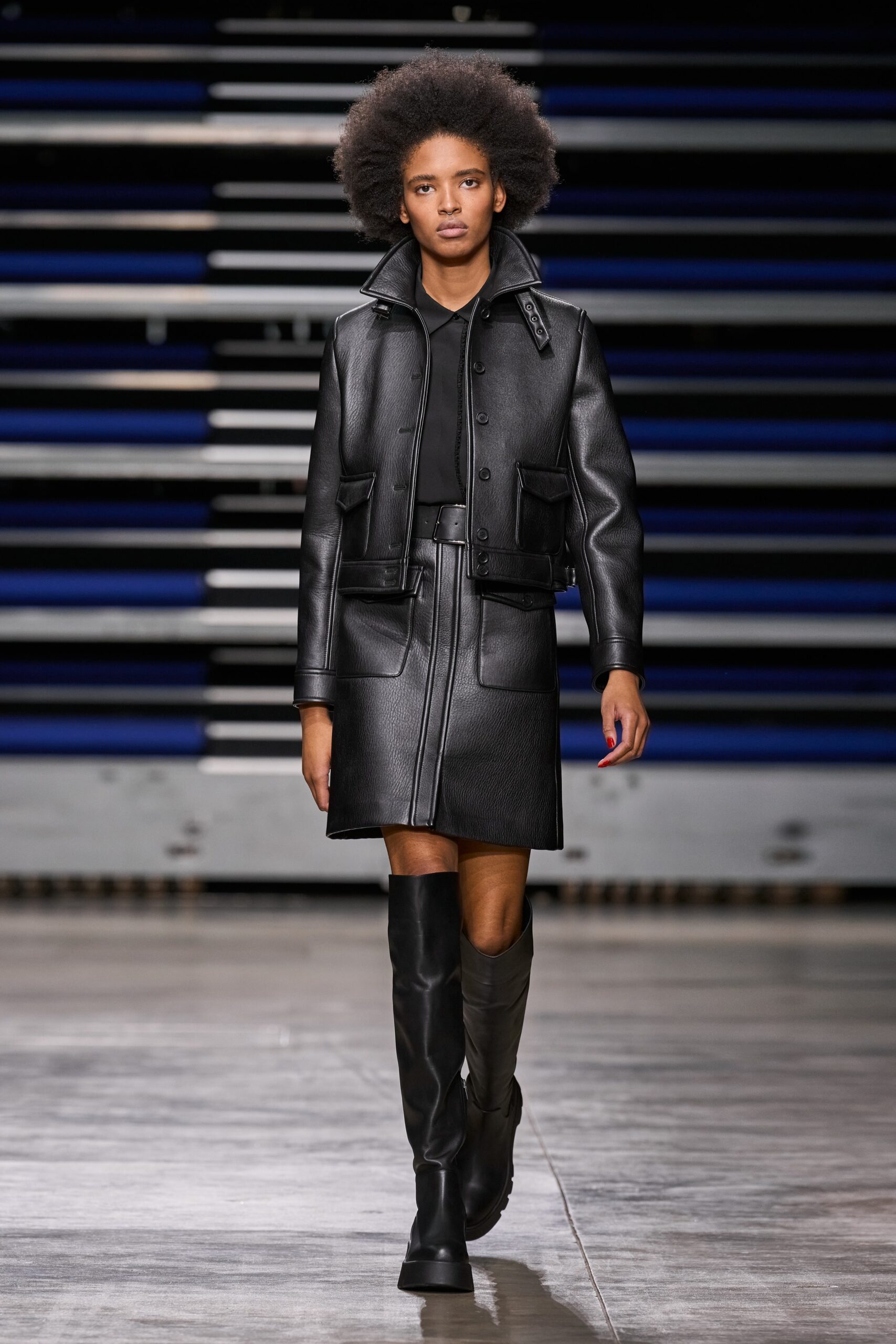 black leather fitted coat and skirt