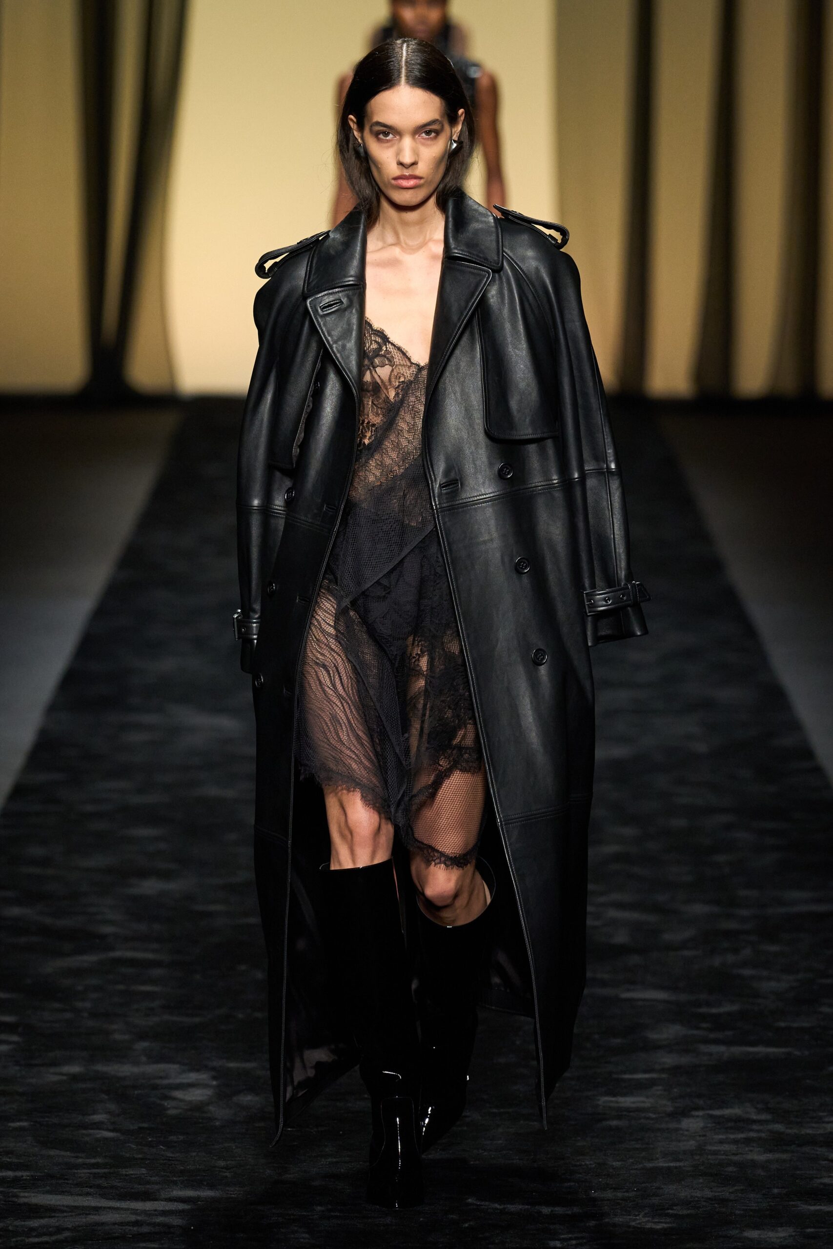 black leather coat and lace dress