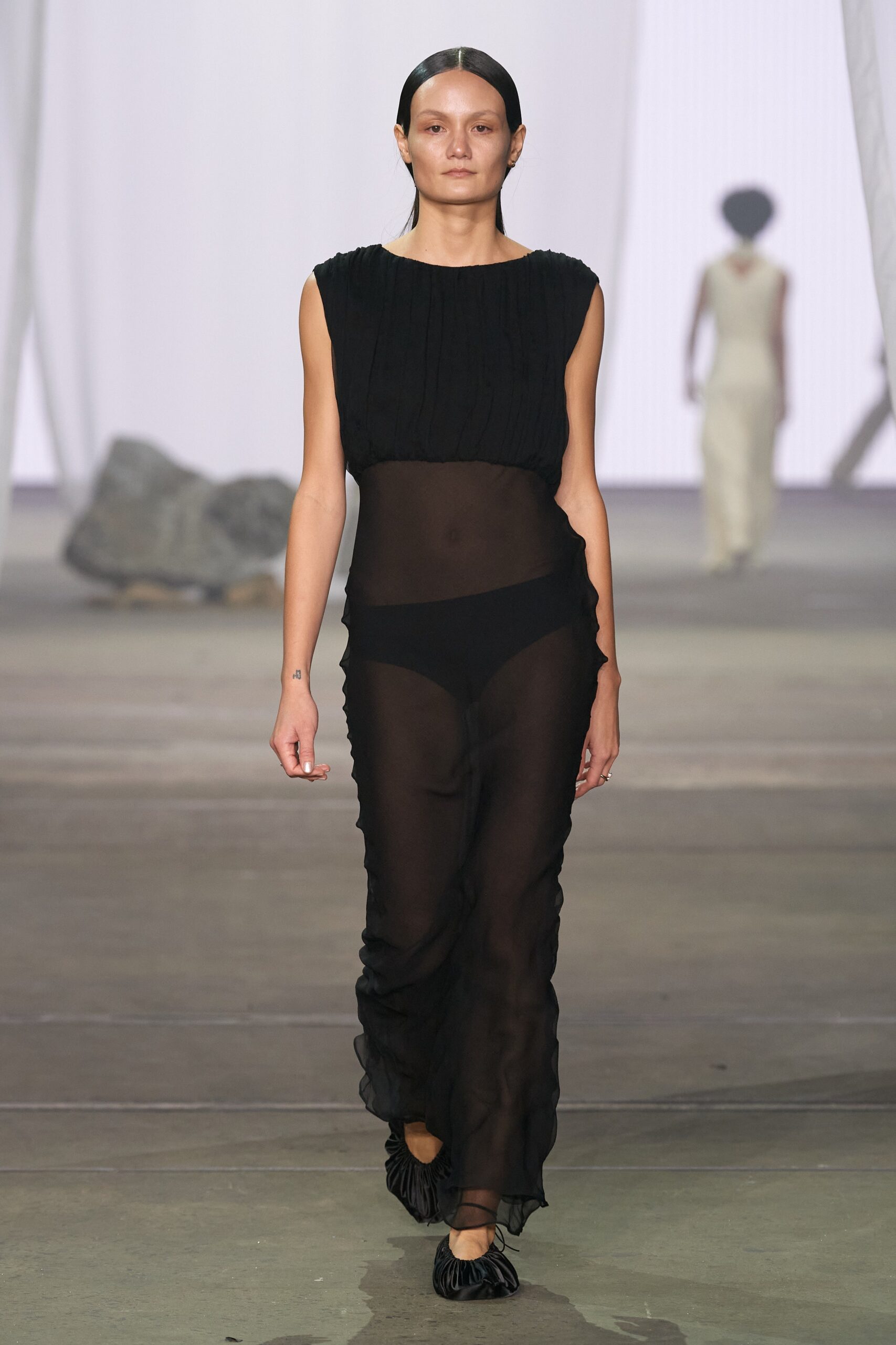 black sheer pleated midi dress