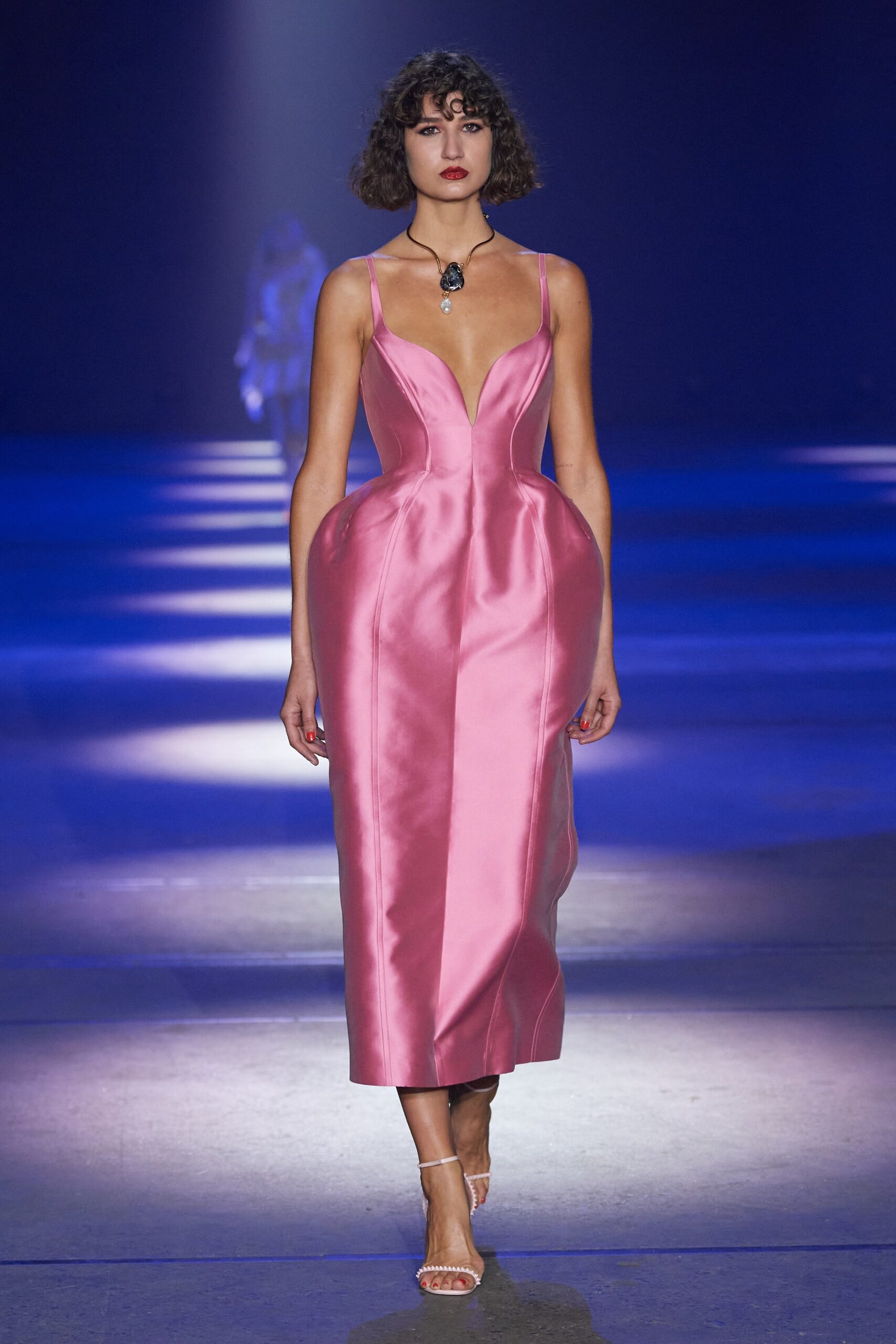 fitted pink silk midi dress