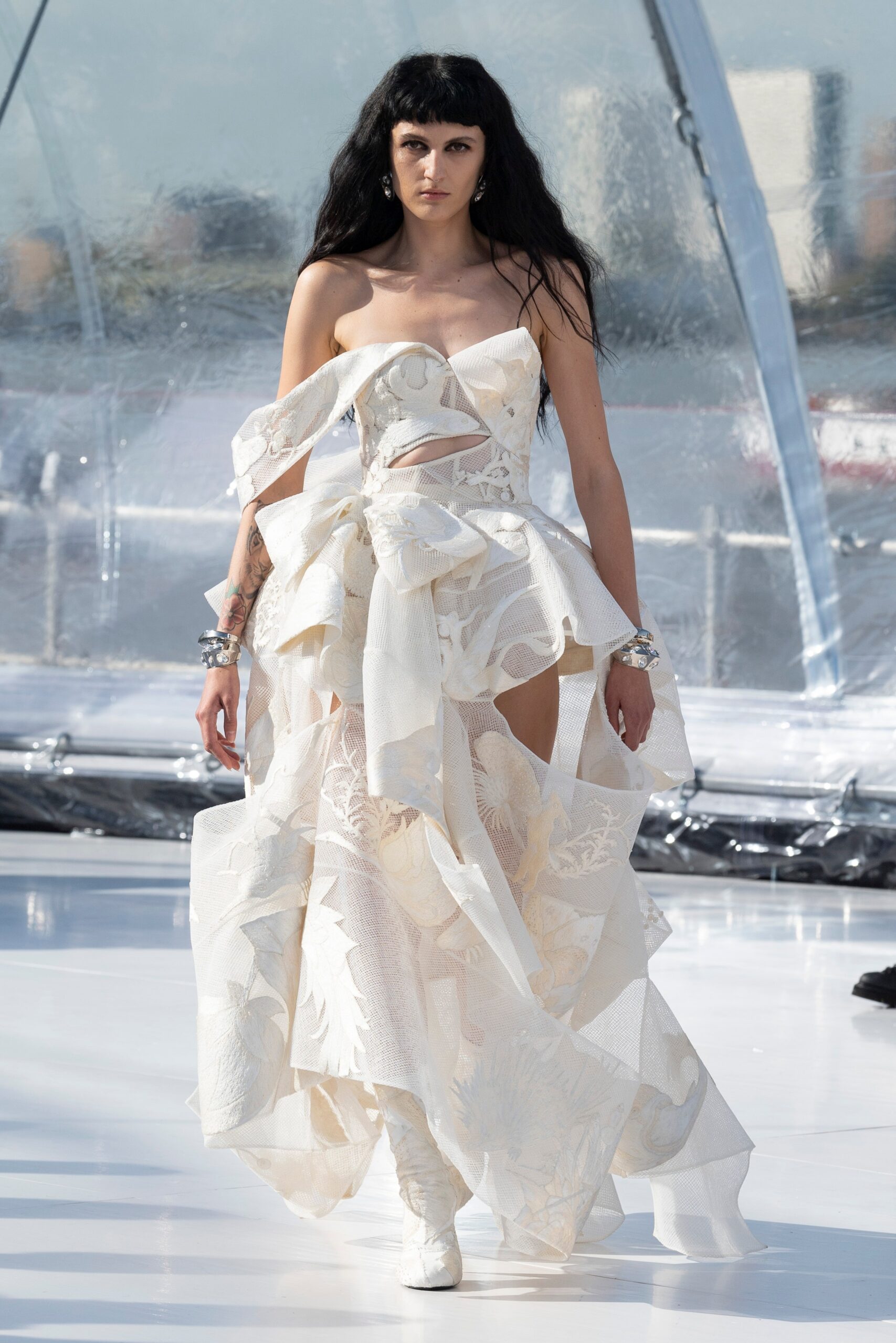 white silk strapless gown