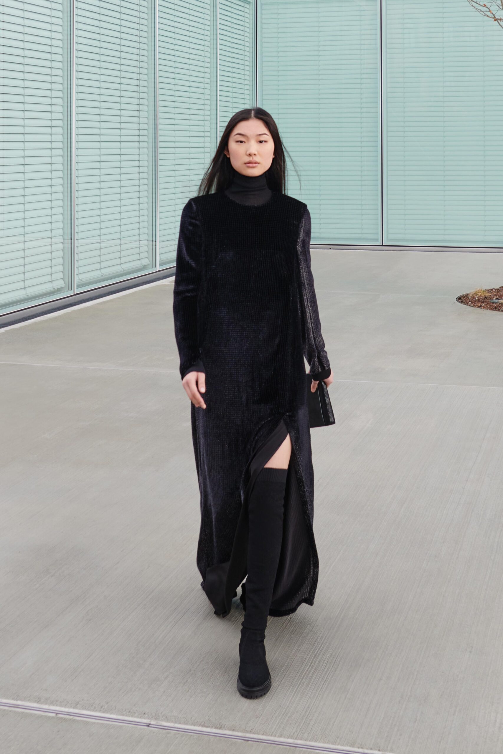 black velvet long-sleeve dress