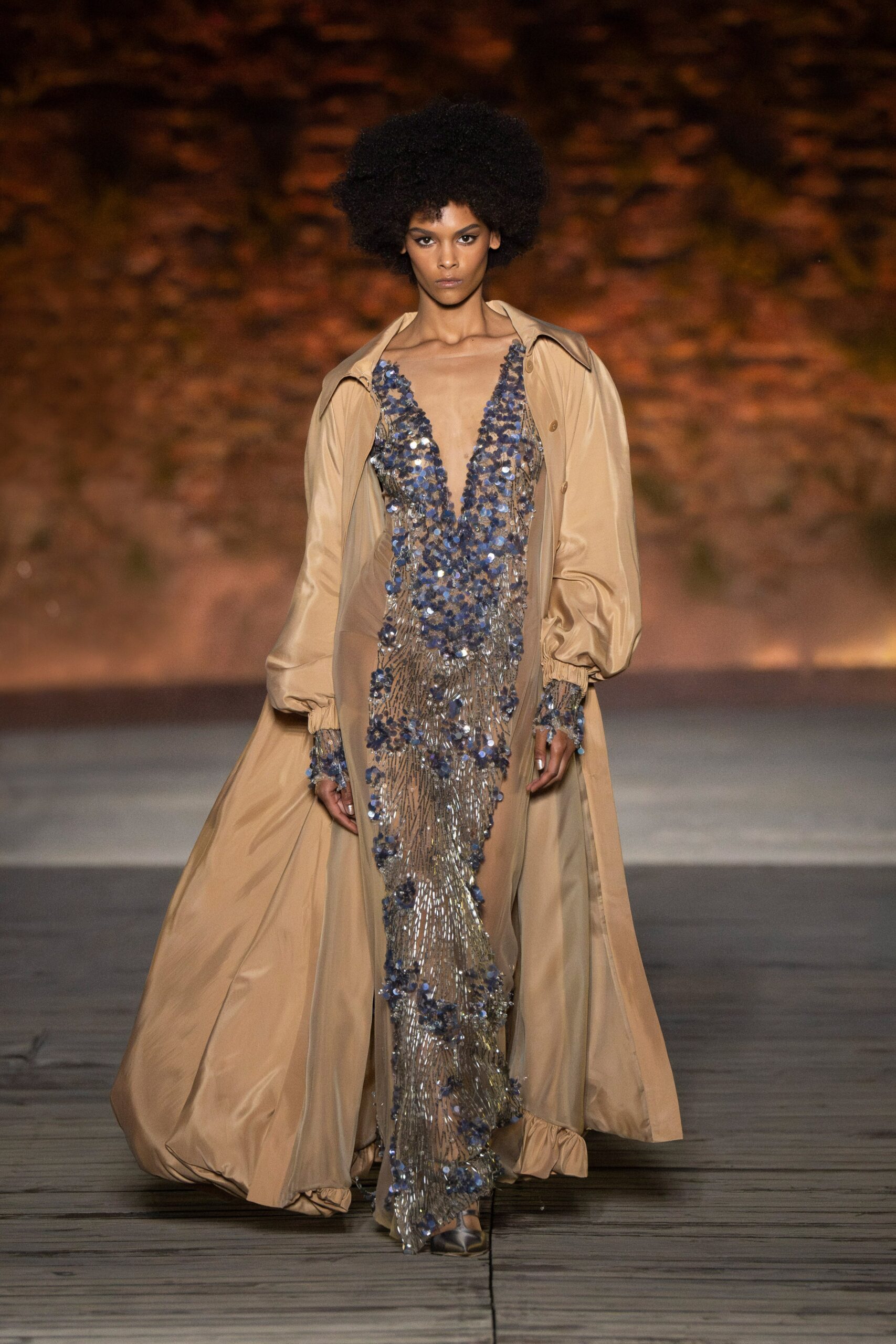 beige silk long-sleeve collared relaxed draped coat