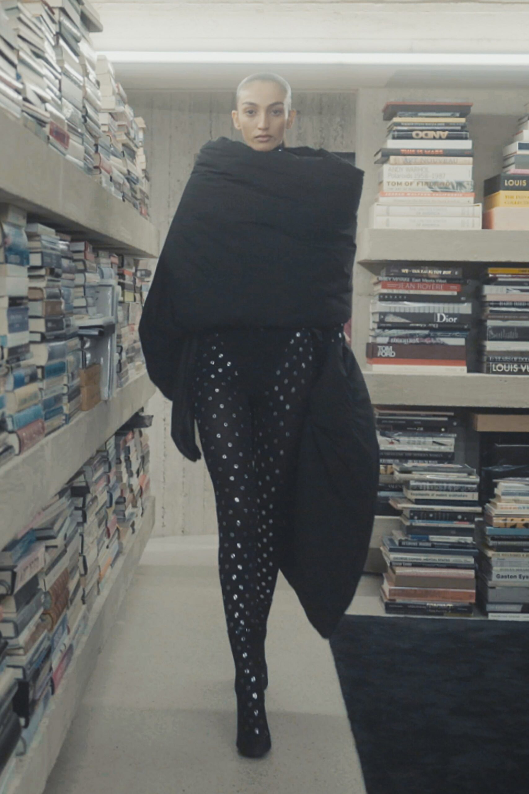 black wool long-sleeve oversized draped coat