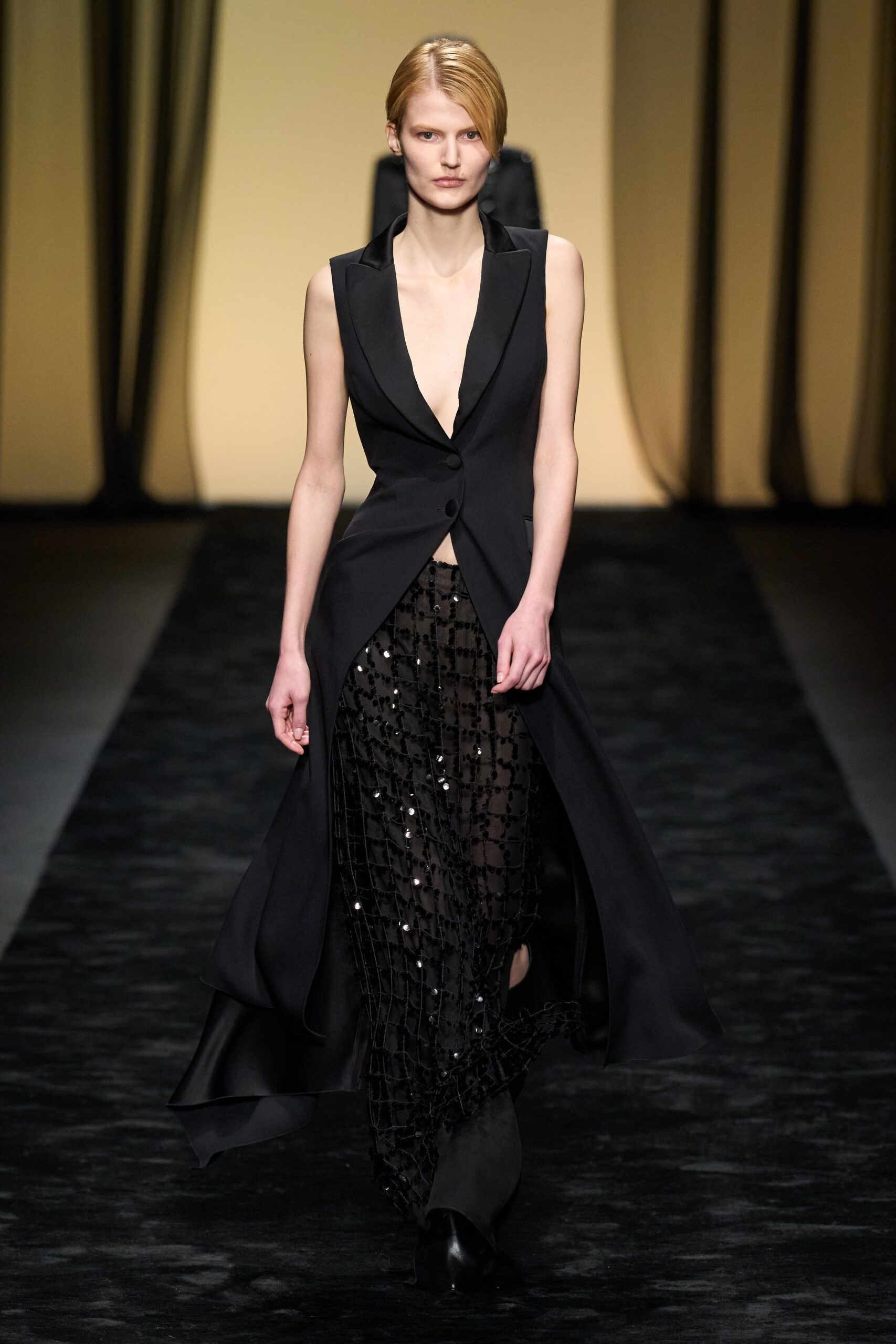 black silk gown with sequined skirt